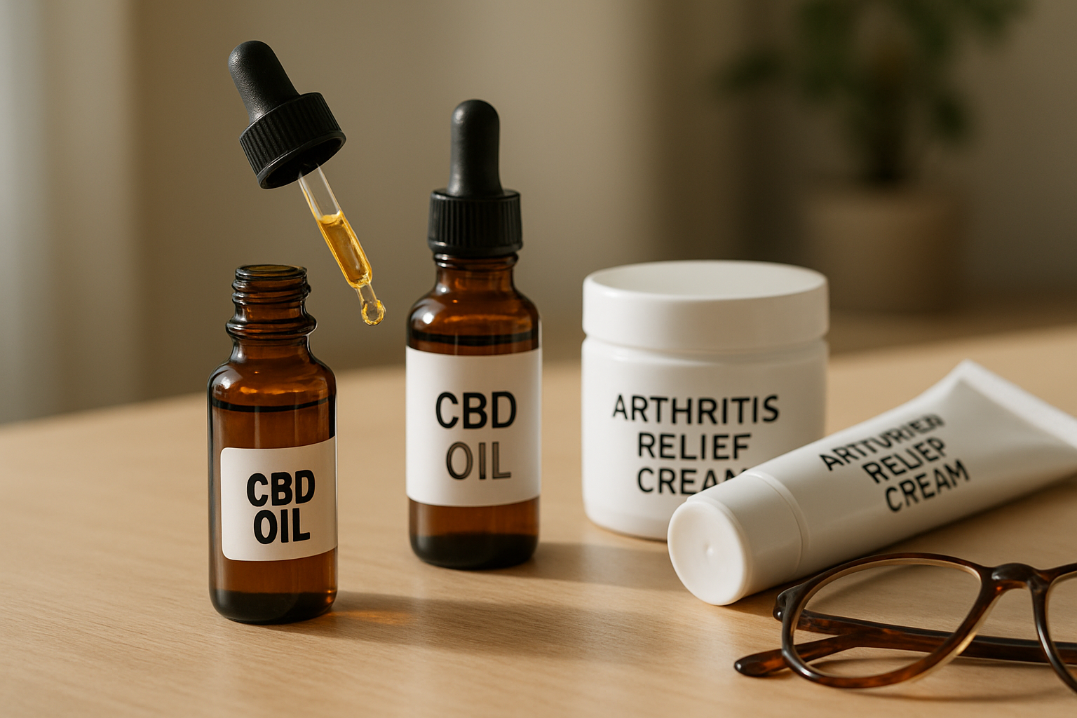CBD oil bottles and arthritis creams on table