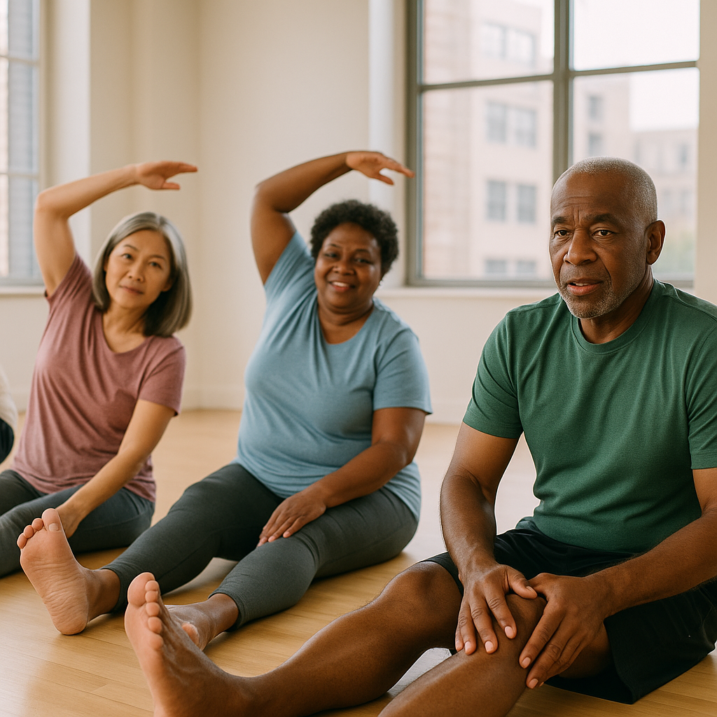 Group of adults stretching and massaging joints in studio