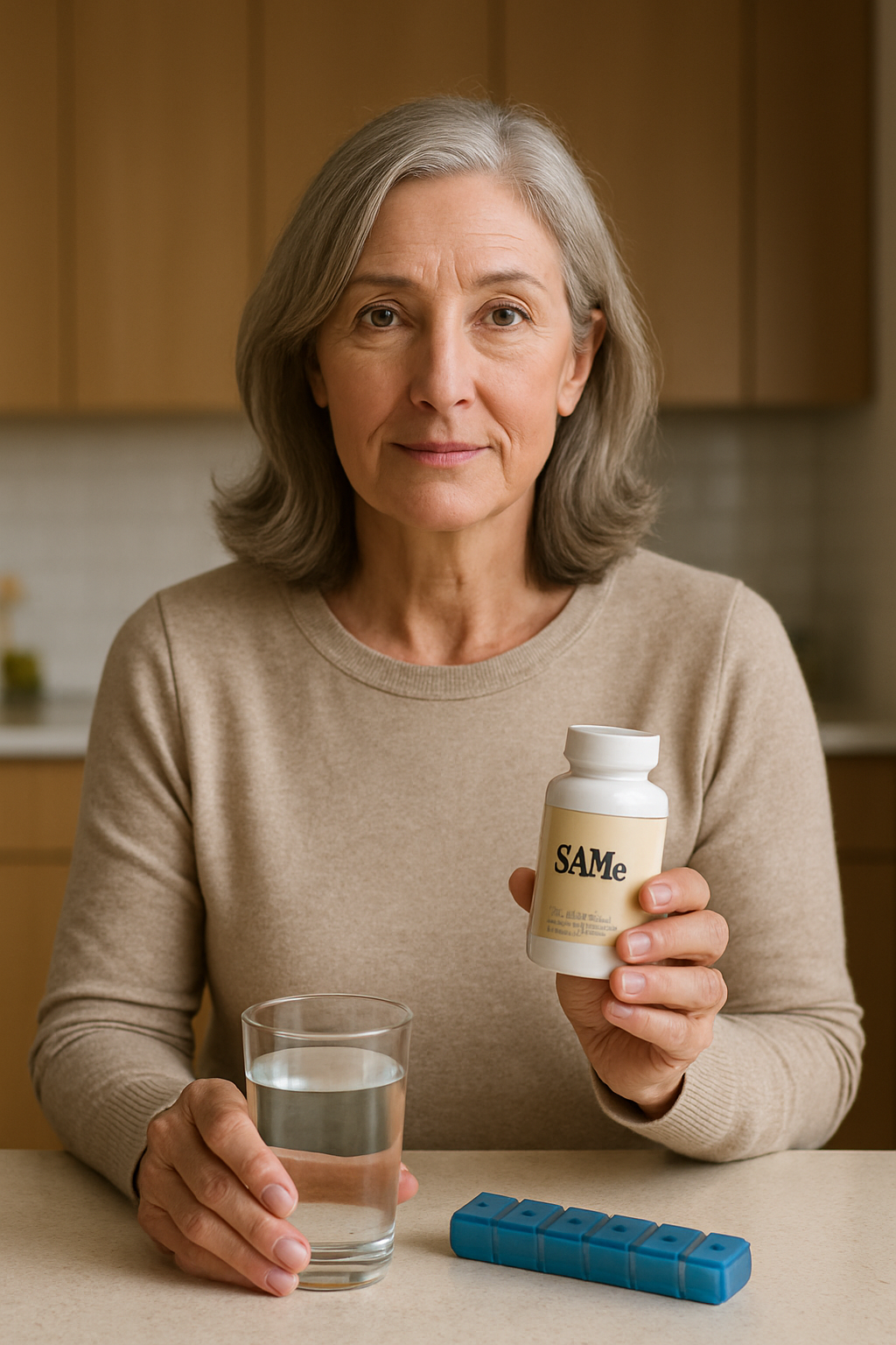 SAMe supplement bottle in older adult's hand on kitchen counter