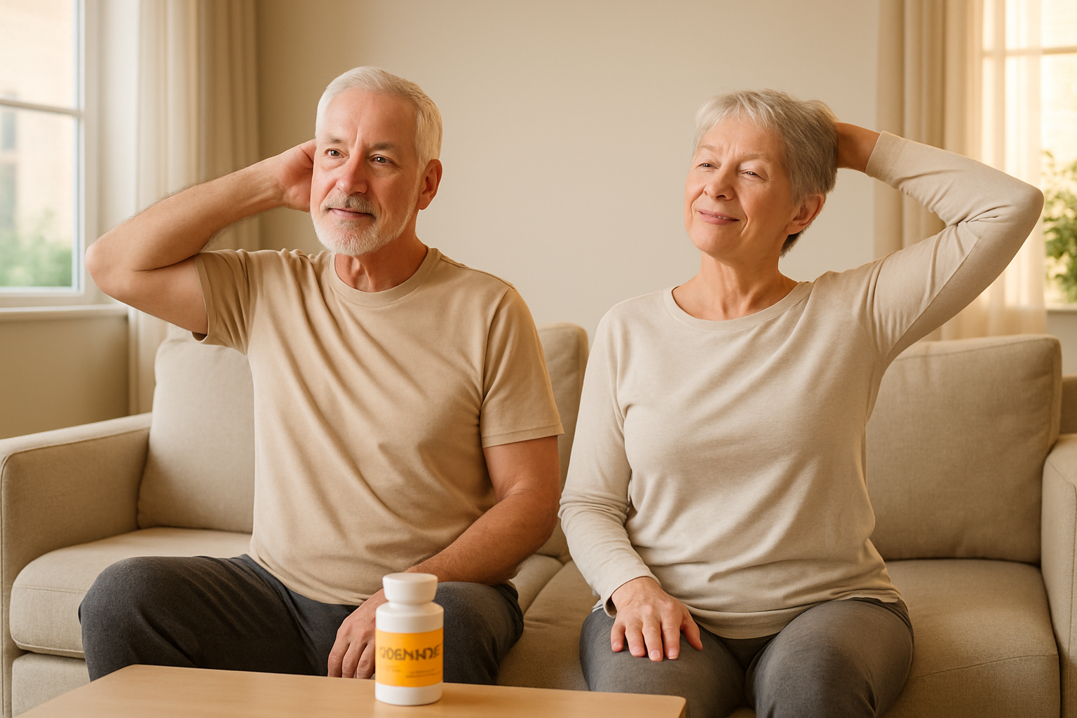 Seniors stretching in living room with supplement bottle on table