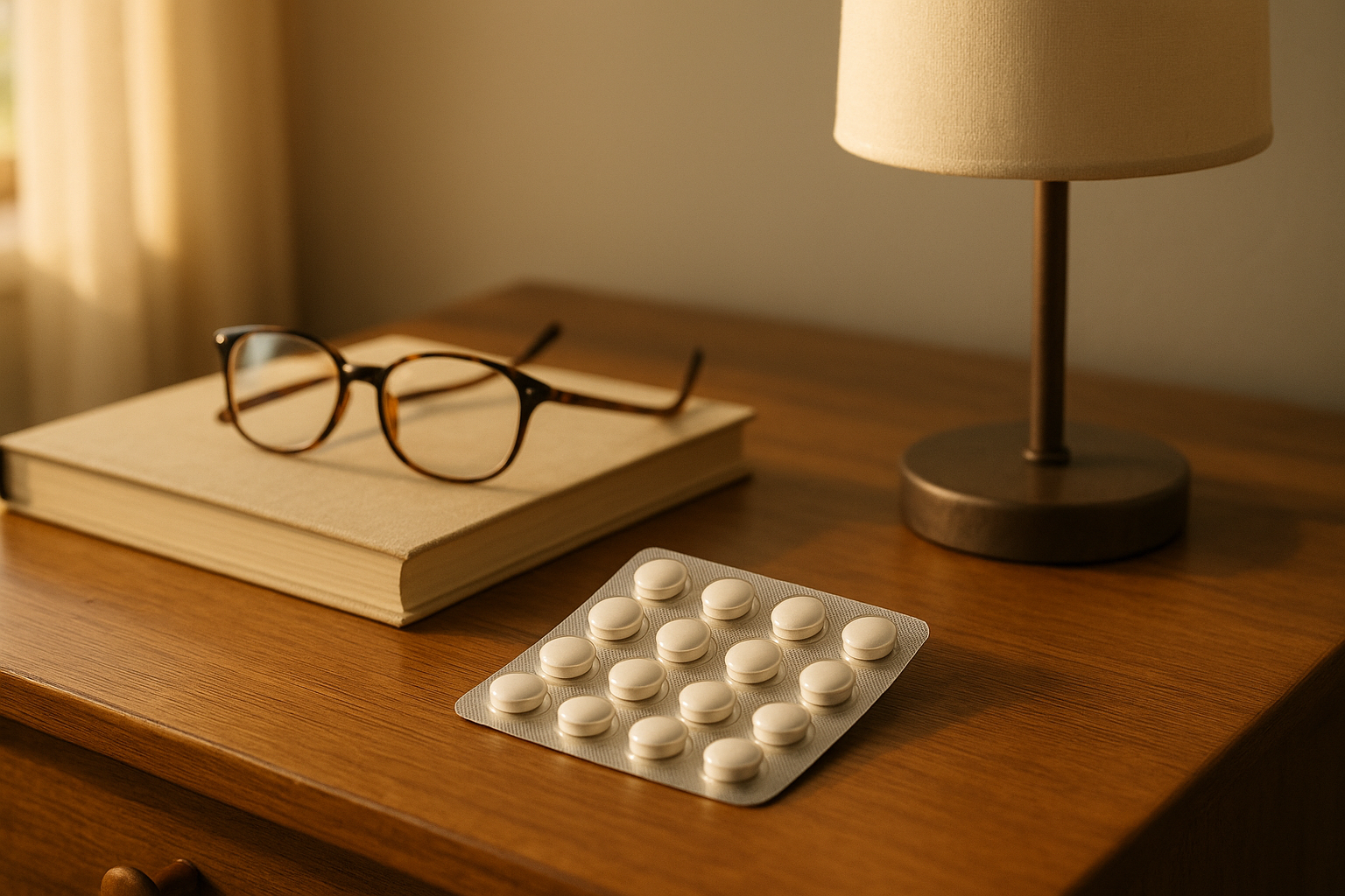 SAMe tablet blister pack on nightstand with book and glasses