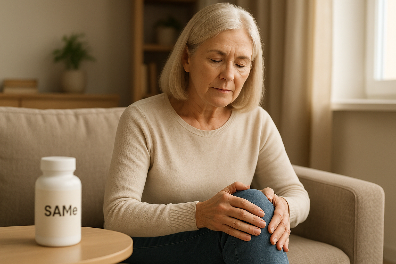 Older woman rubs her knee with SAMe supplement nearby