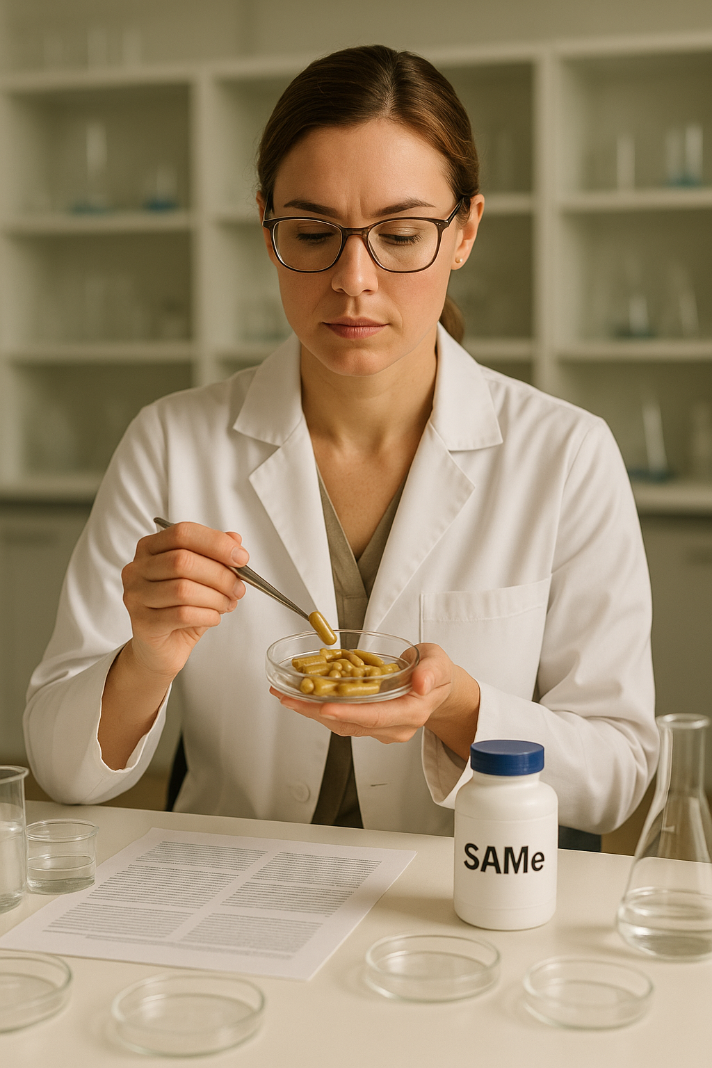 Lab researcher examines SAMe supplement capsules