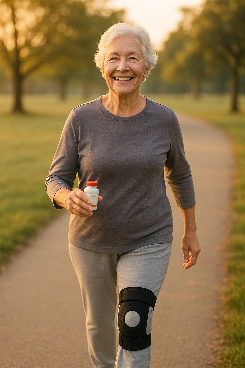 Older adult walking outdoors with knee brace and supplement bottle