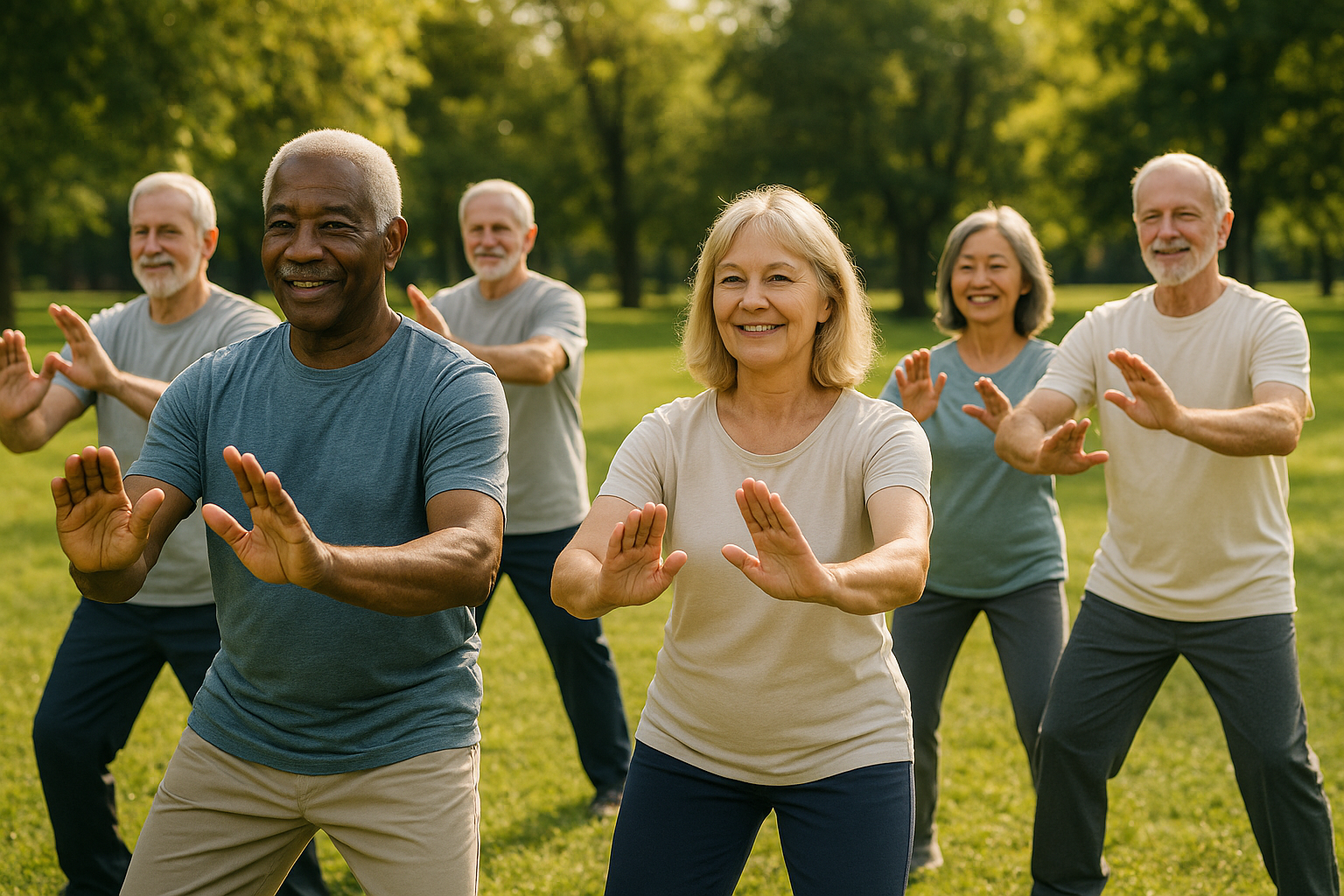 Group of seniors doing tai chi outdoors, moving gracefully and smiling.