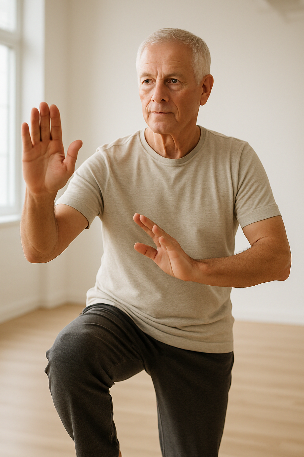 Close-up of hands and knees of an older person performing tai chi indoors.
