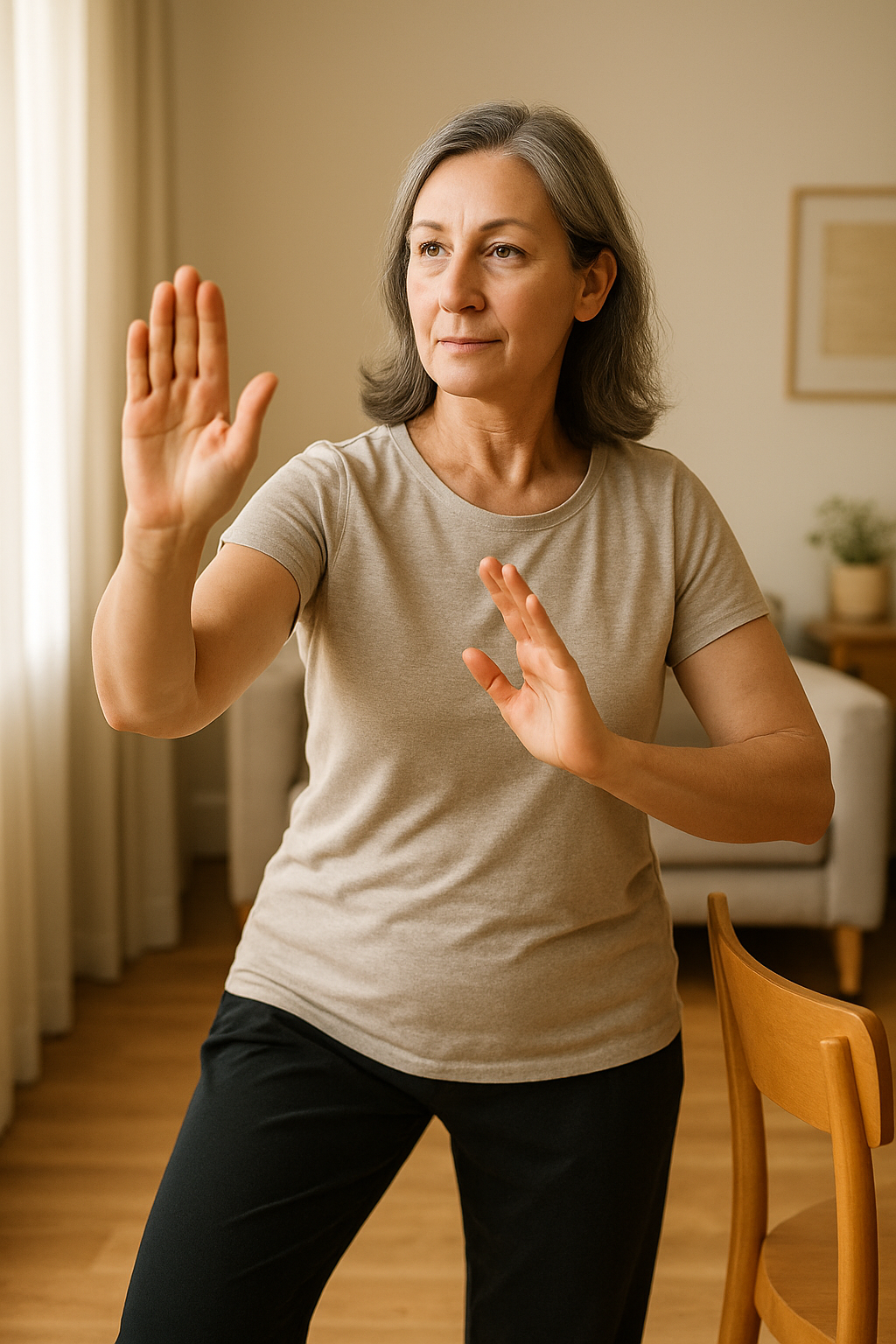 Woman practicing gentle tai chi indoors, with chair for balance support and soft sunlight.