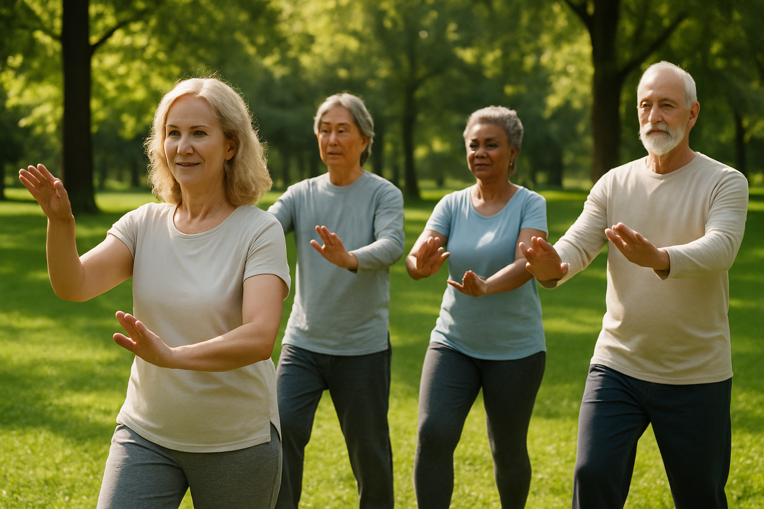 Adults over 50 practicing tai chi outdoors for arthritis and balance