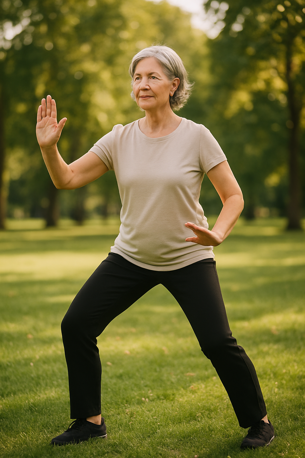 Close-up of woman's legs performing tai chi stance for joint health