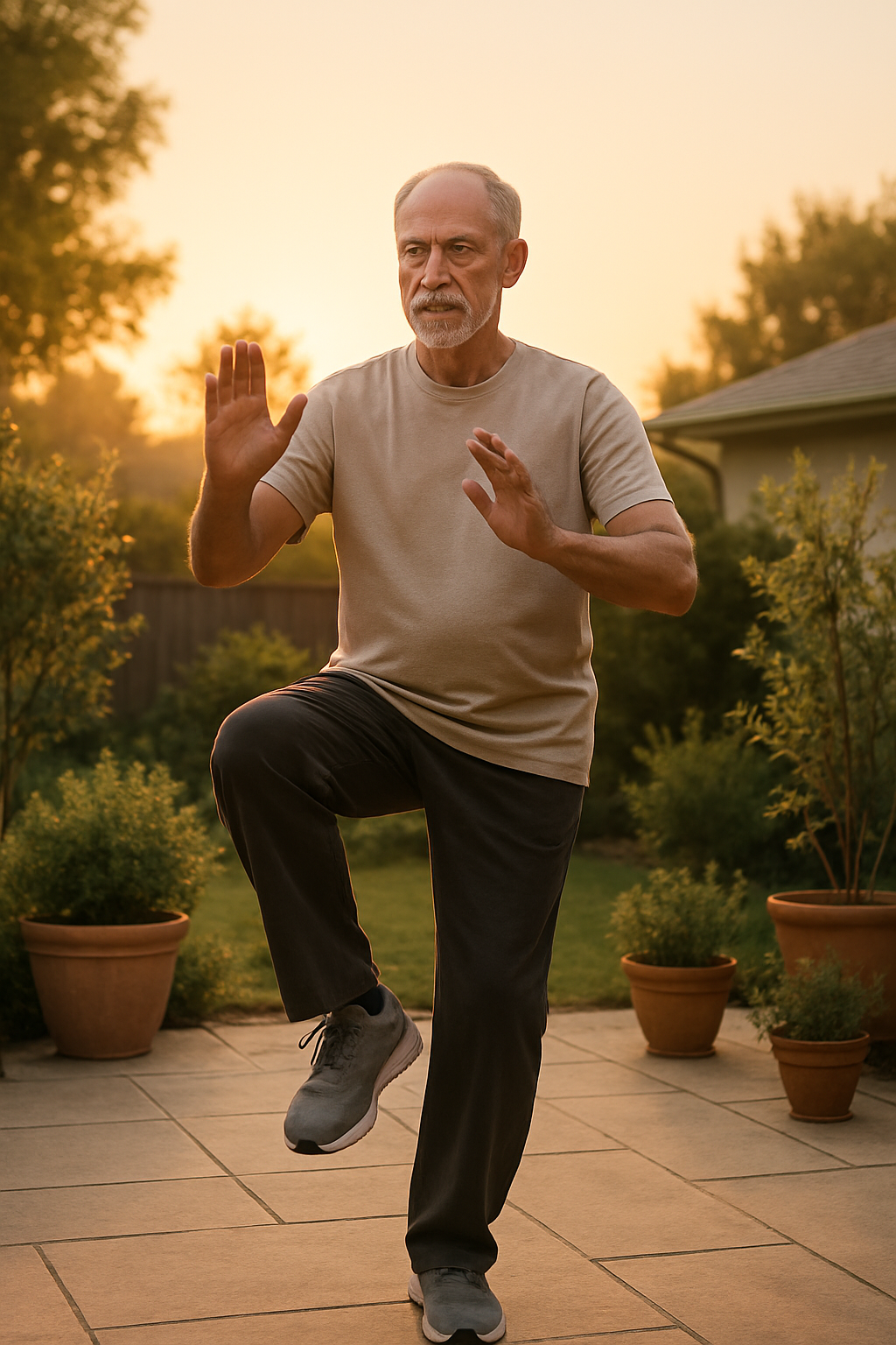 Older man doing tai chi at sunrise for arthritis and balance