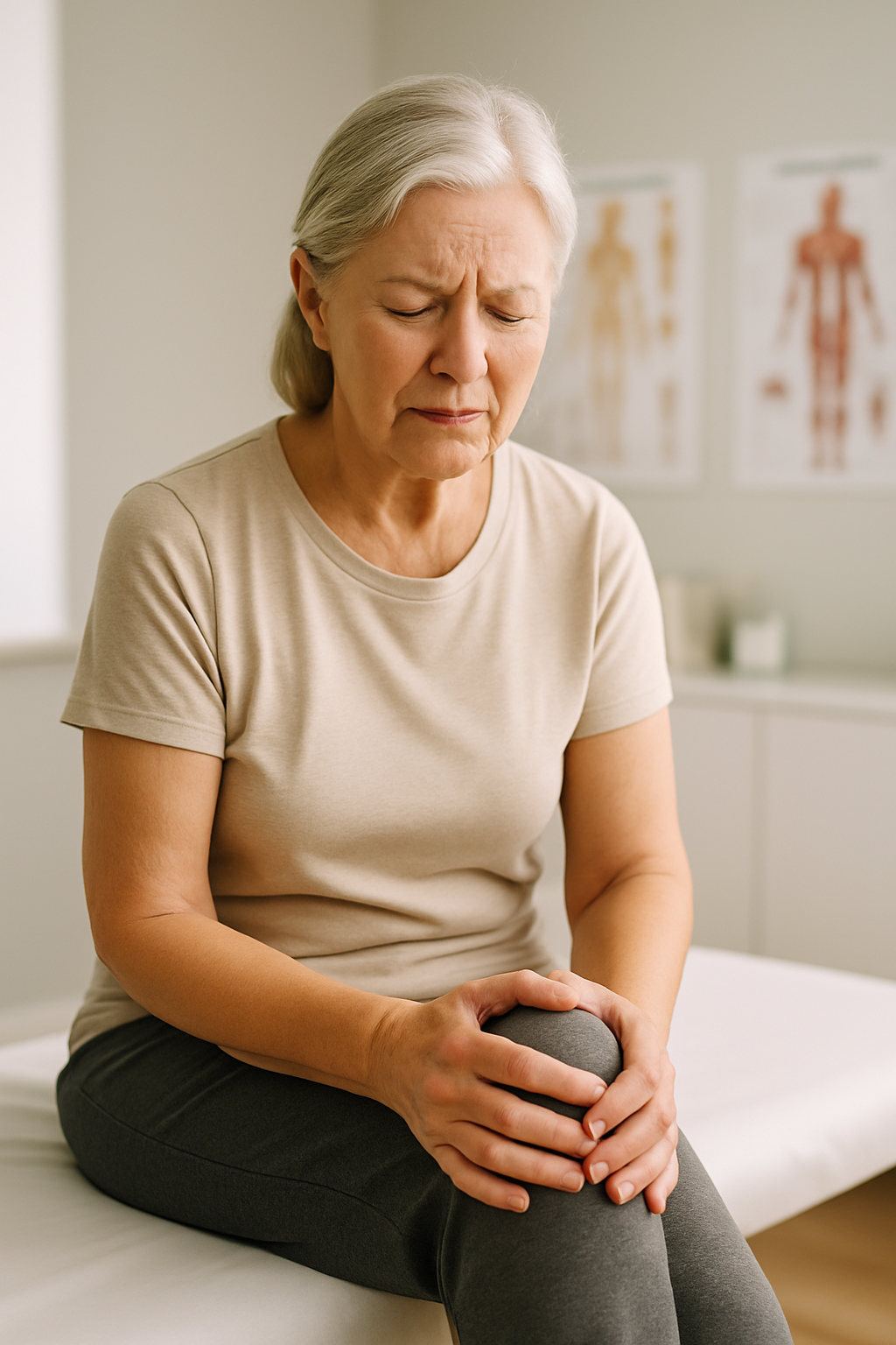 Older woman with knee pain considering knee replacement at clinic