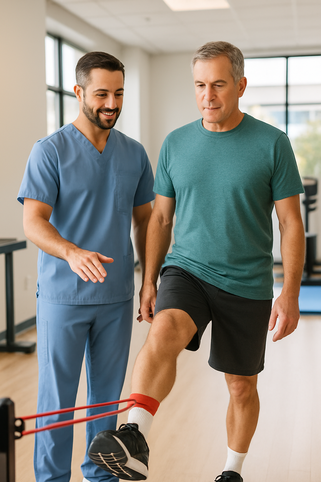 Physical therapist helping patient with knee pain rehabilitation exercise