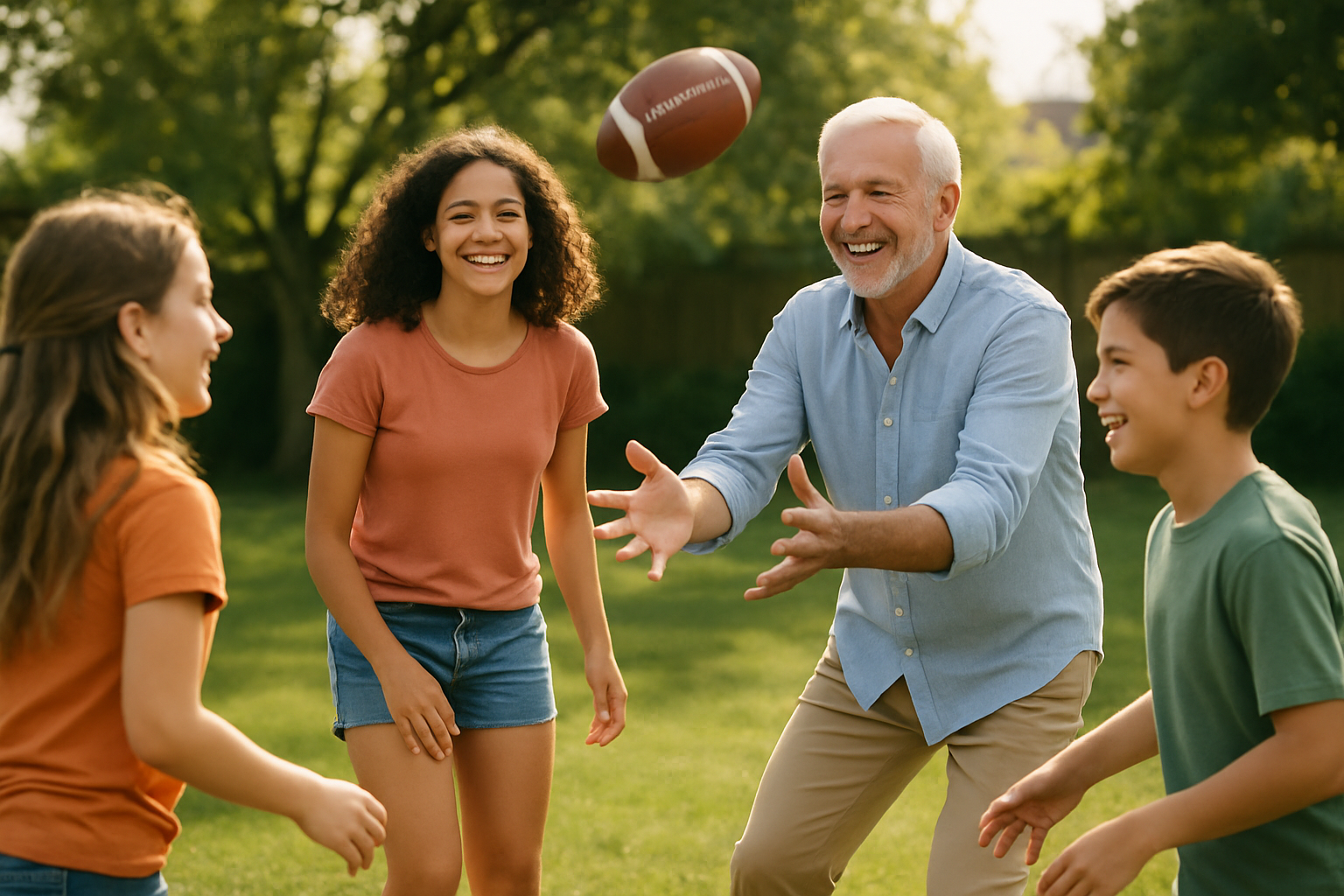 Active older man playing with grandchildren after knee surgery