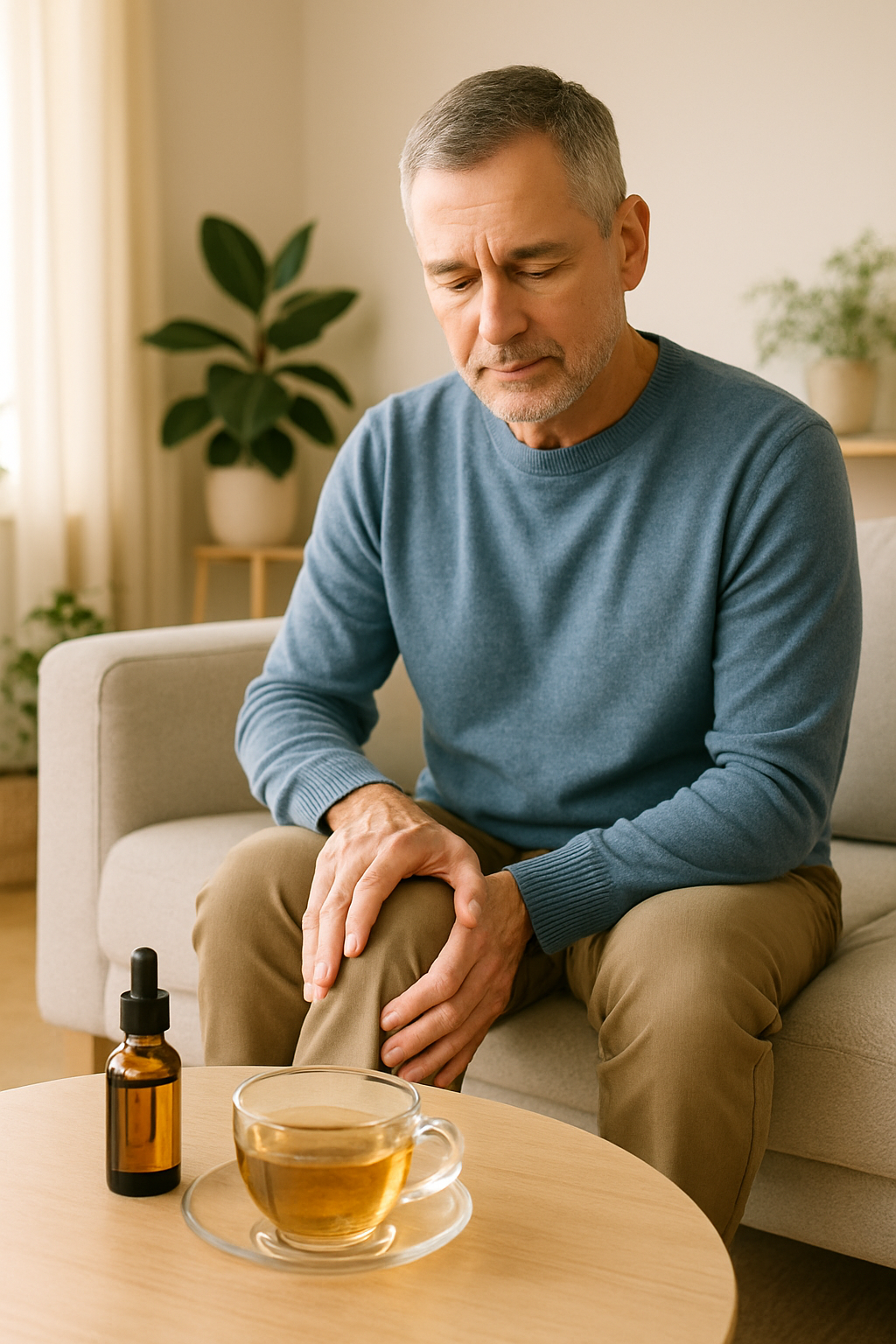 Man rubbing knee, CBD oil and tea on coffee table in sunny living room