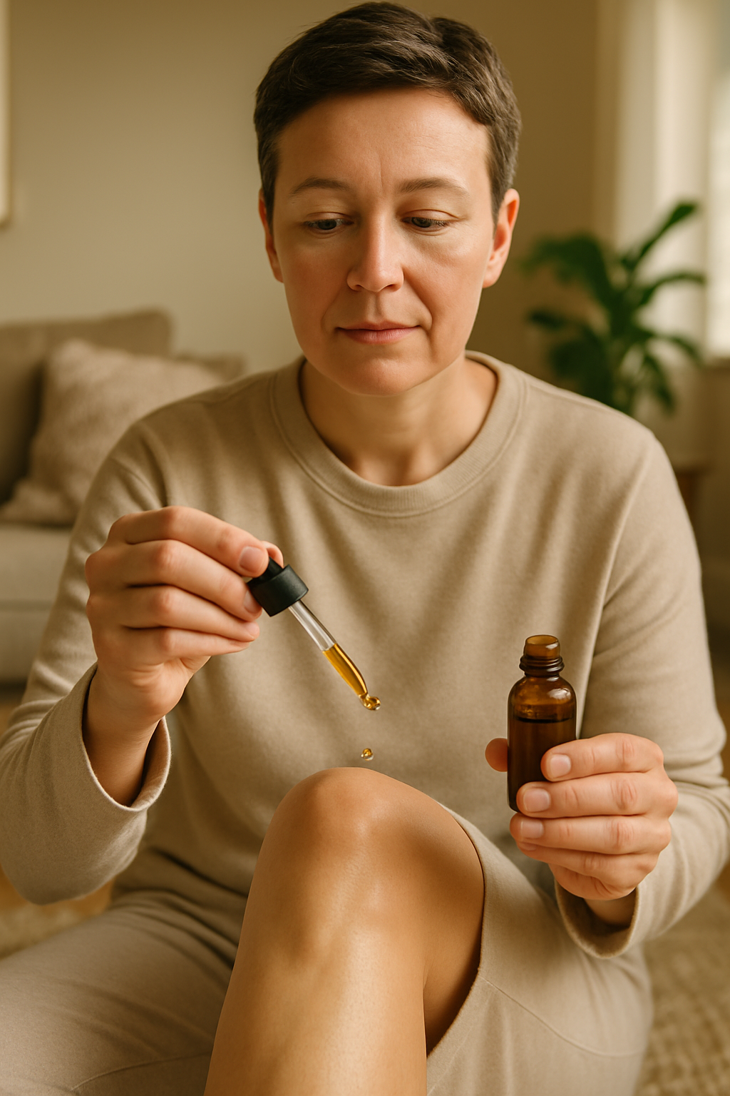 Hand holding CBD oil dropper near knee, cozy home background