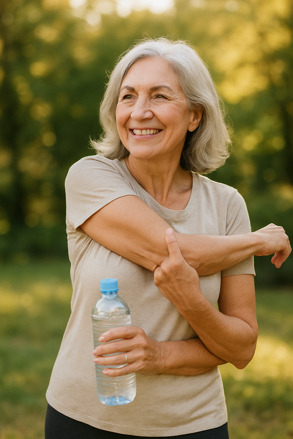 Older woman stretching outdoors, looking comfortable and mobile