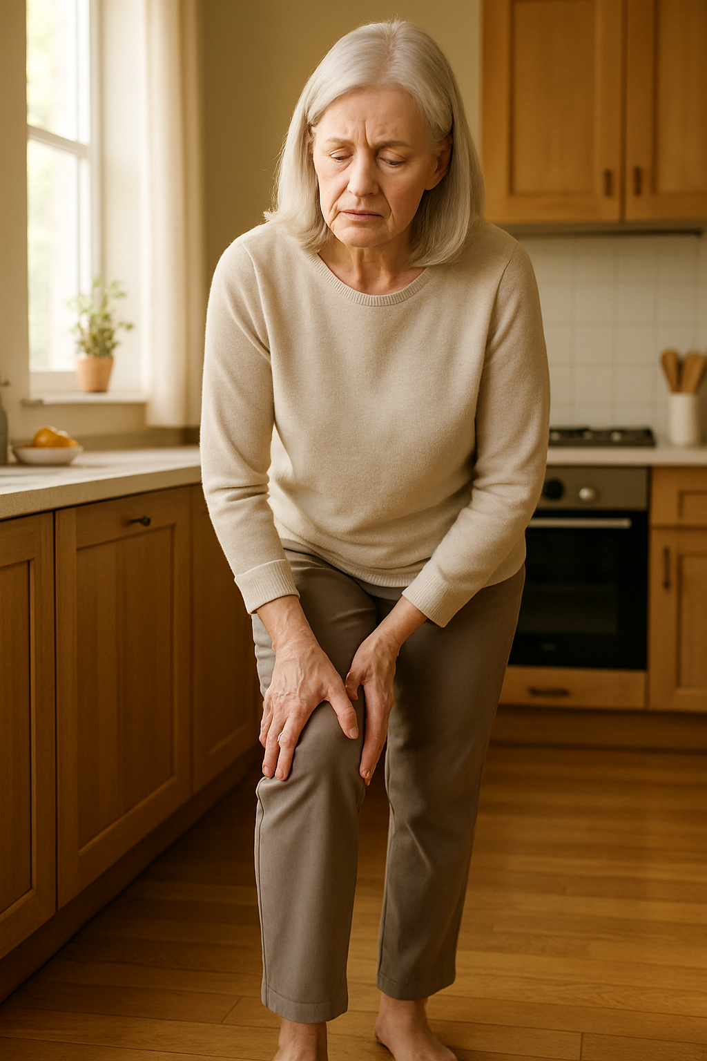 Older woman rubbing swollen knee in a sunlit kitchen