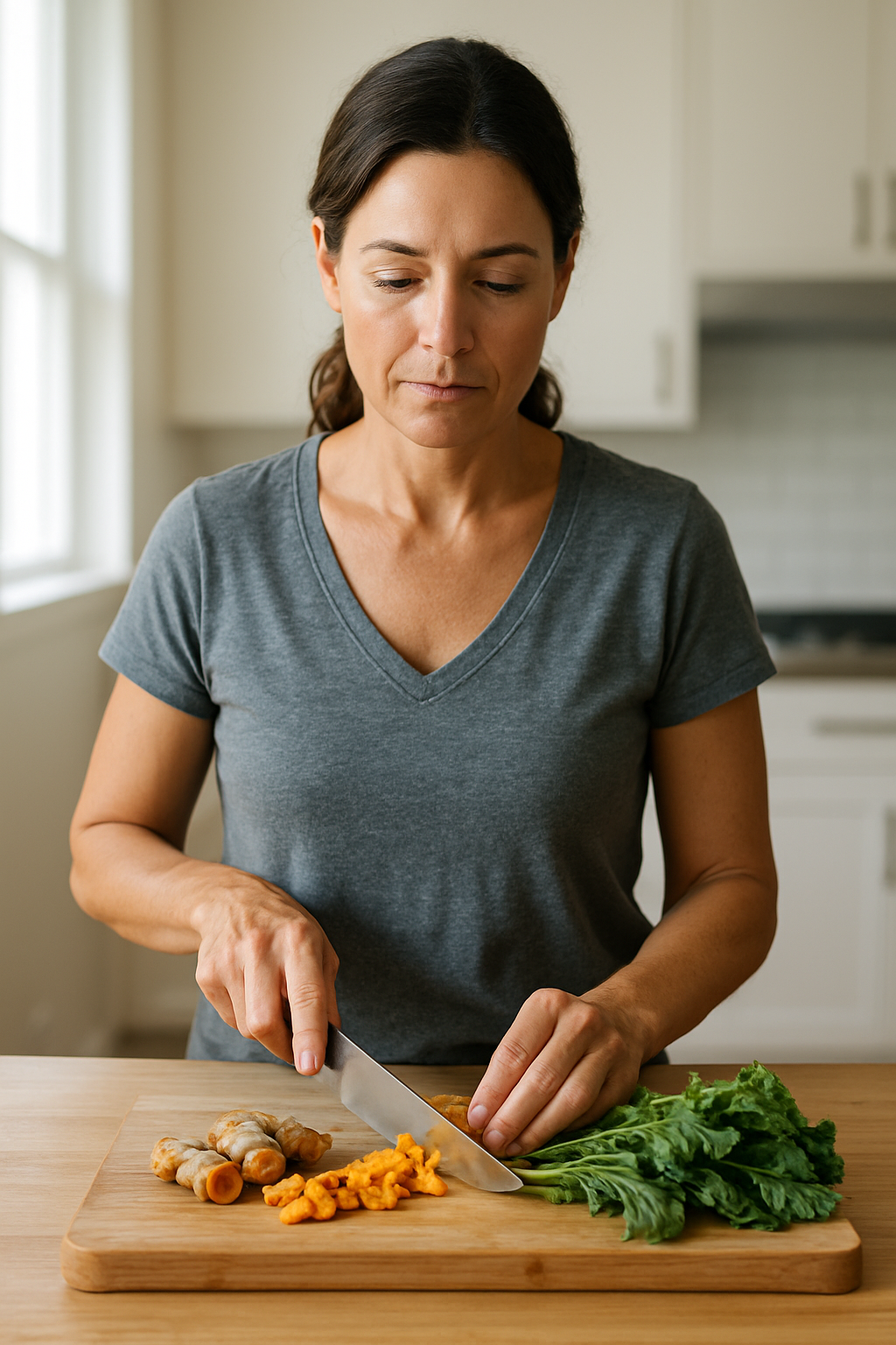 Chopping turmeric root and greens for anti-inflammatory diet