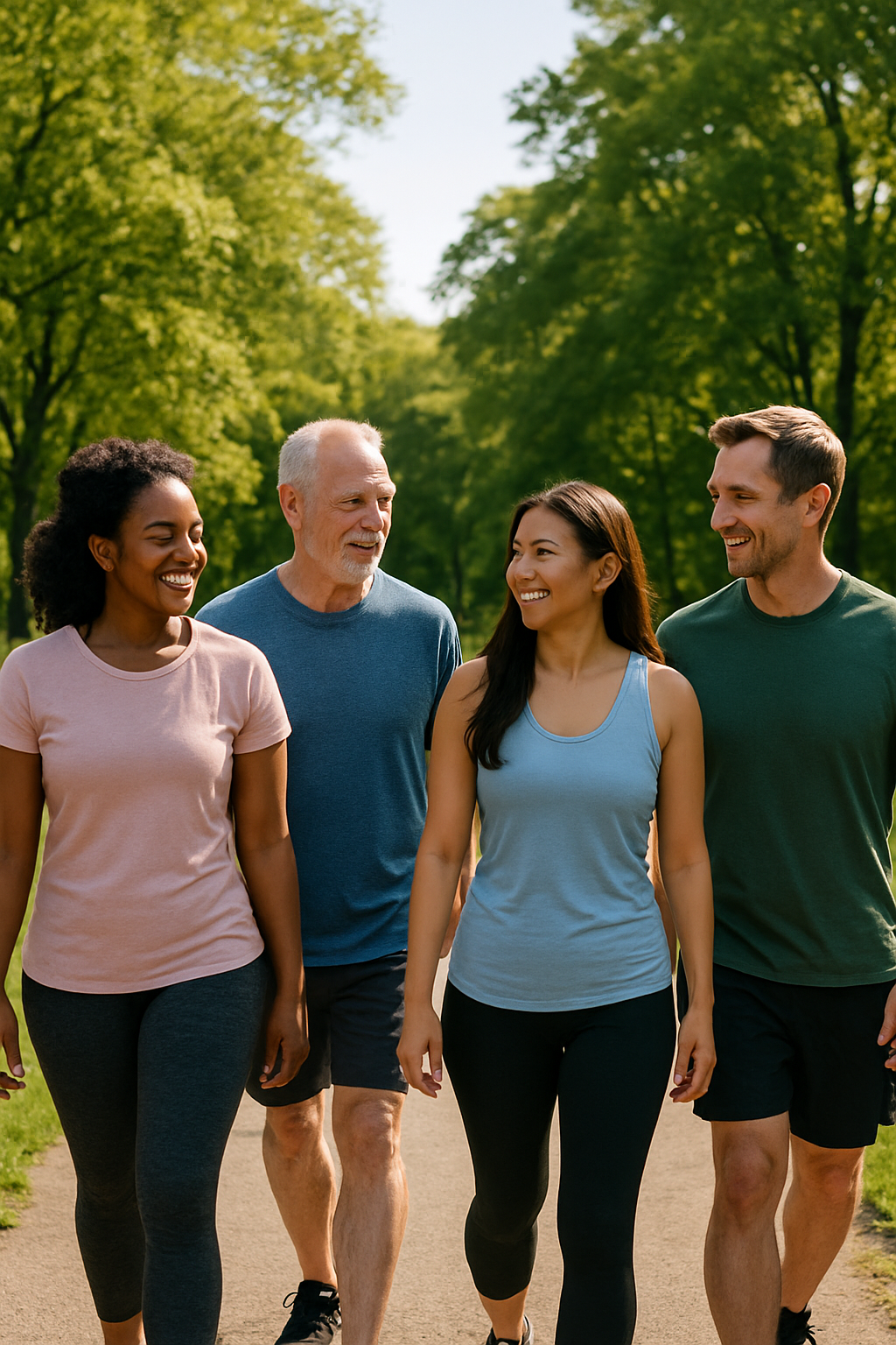 Active adults walking comfortably in a sunlit park