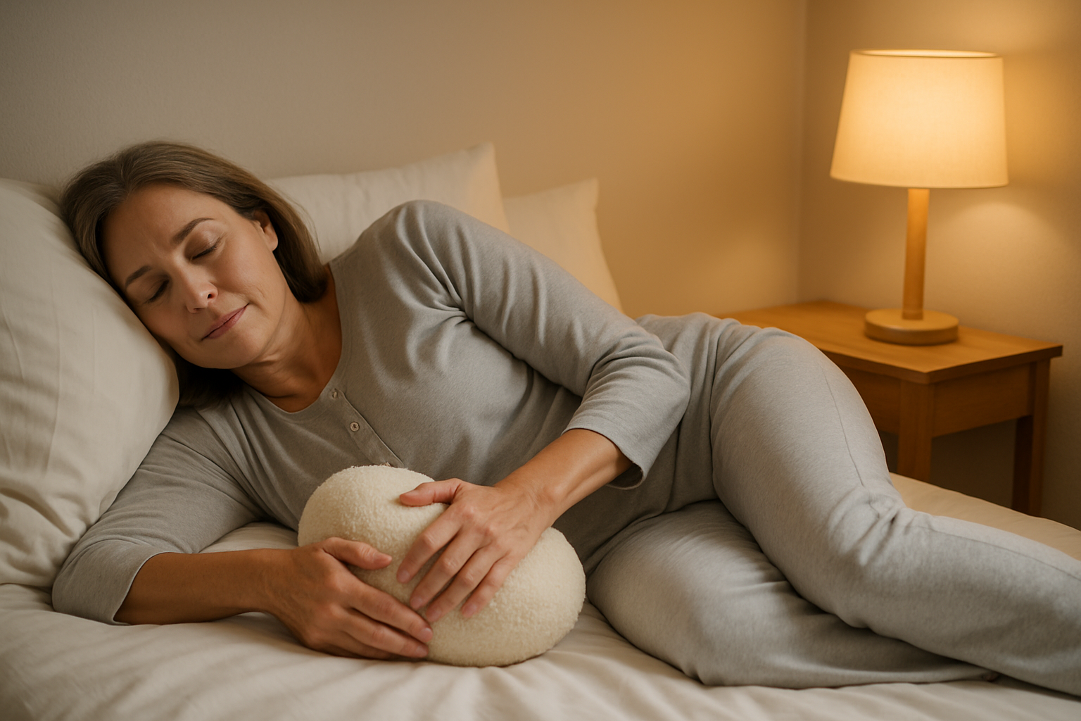 Woman using pillow between knees for hip and knee pain in bed