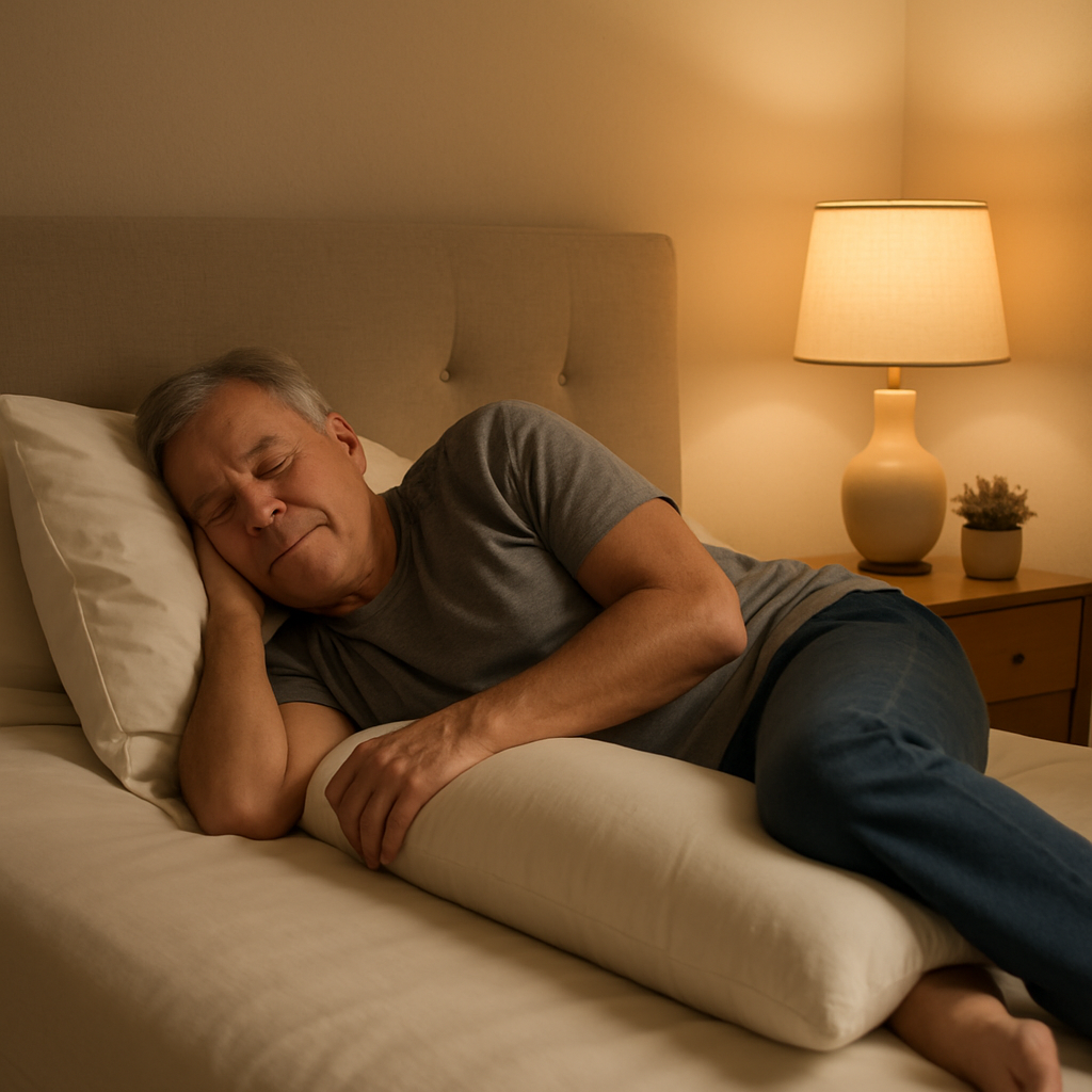 Senior man side sleeping with body pillow supporting knees and ankles