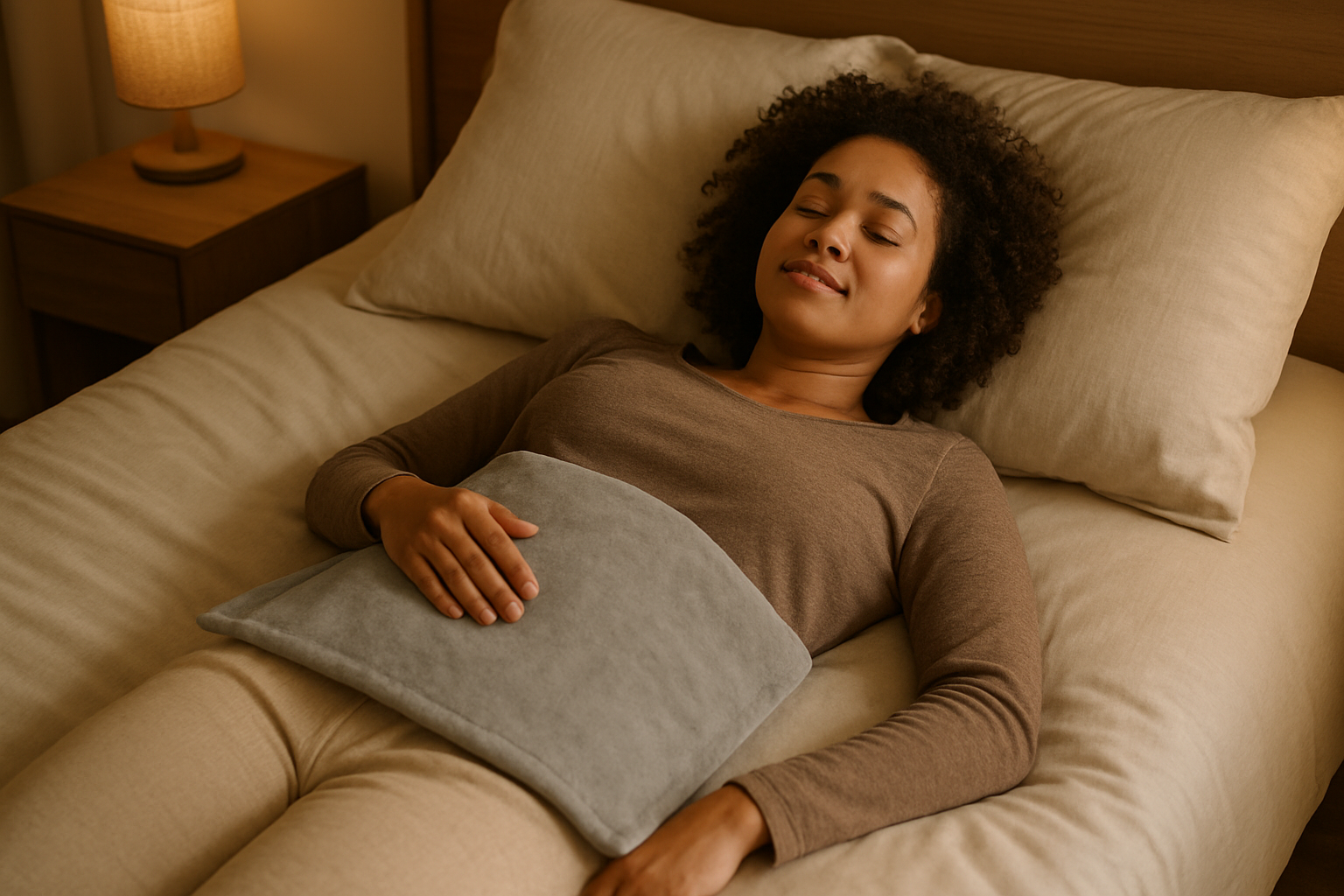 Woman using heating pad on hip at night to relieve joint pain