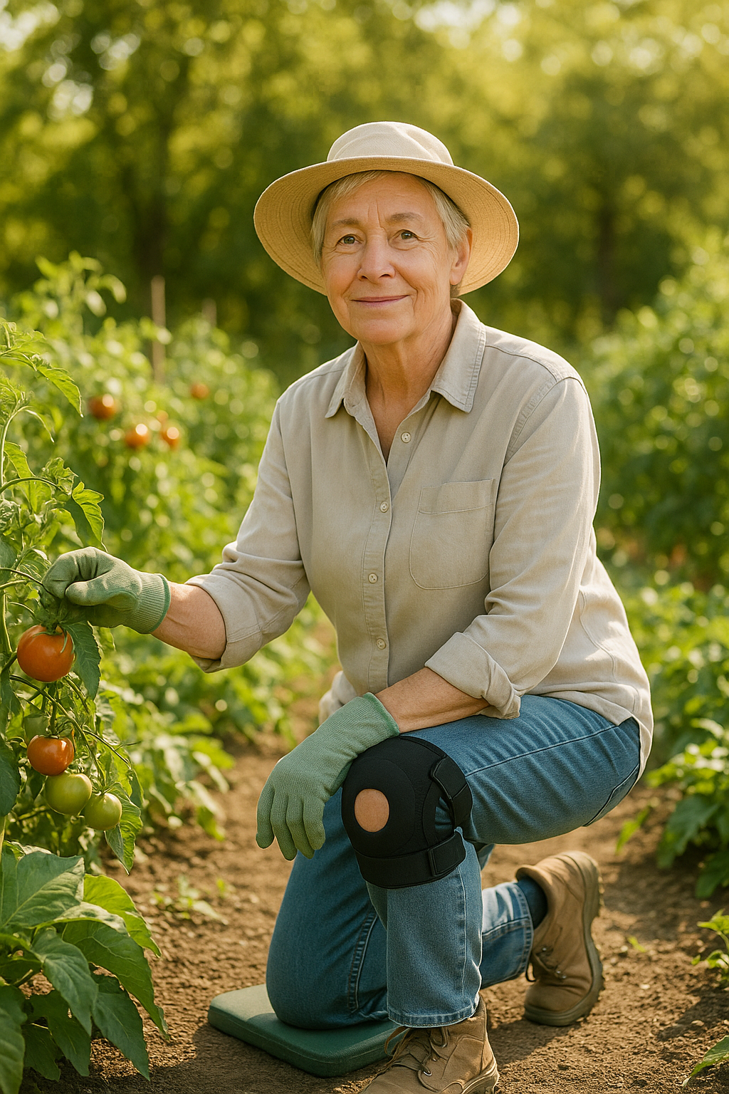 Older gardener in knee brace kneeling with gloves in lush garden