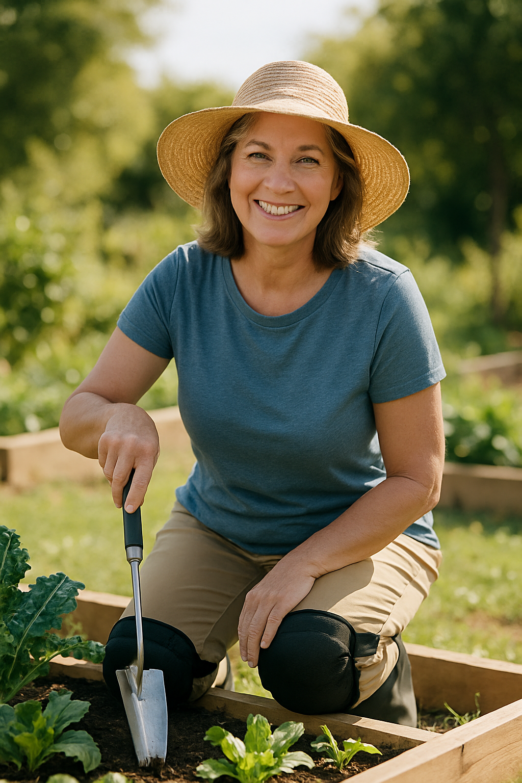 Woman using ergonomic gardening tools and knee pads in raised bed