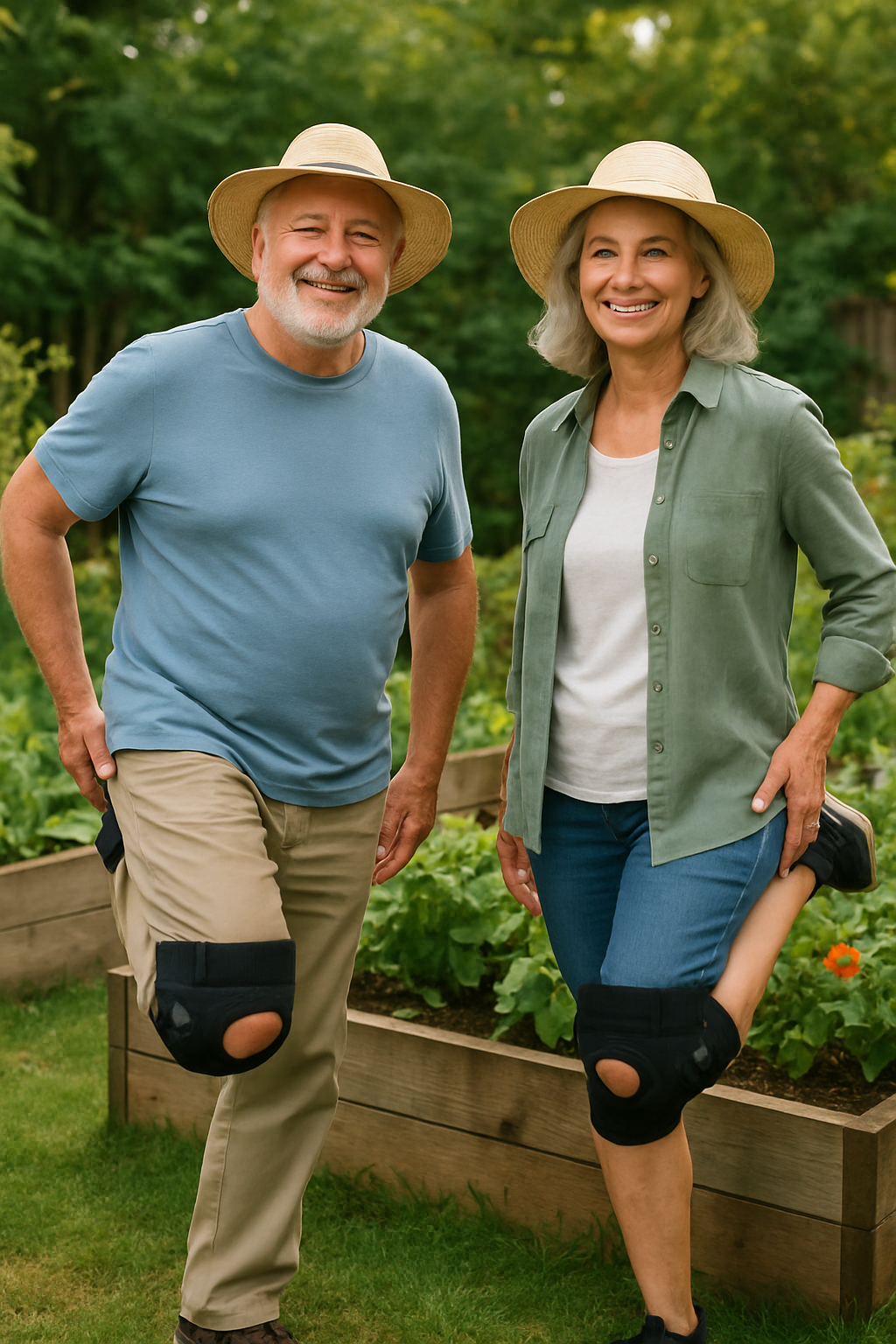 Older couple stretching near raised beds wearing knee braces