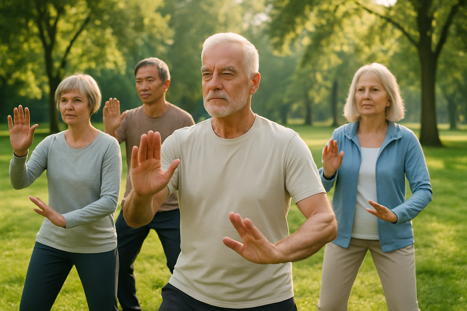 Seniors practicing tai chi in a park for arthritis and balance