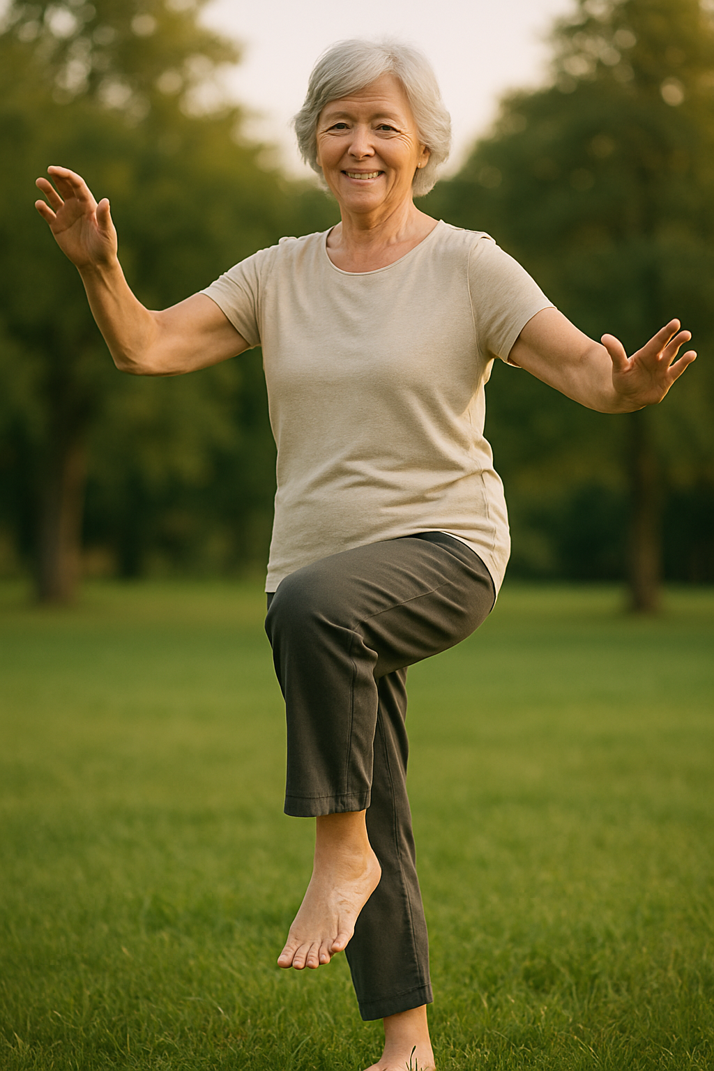 Close-up of senior woman's hands and feet doing tai chi balance pose