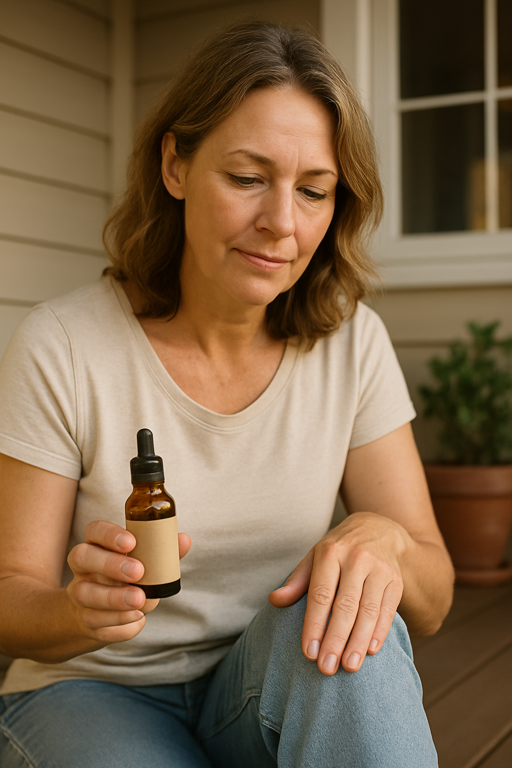 Woman applying CBD oil to her knee while sitting outdoors
