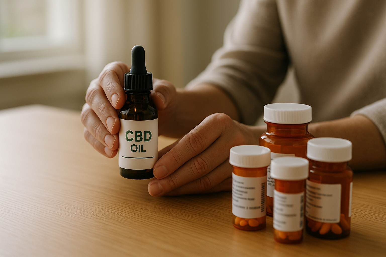 Hands holding CBD oil near prescription bottles, highlighting safety