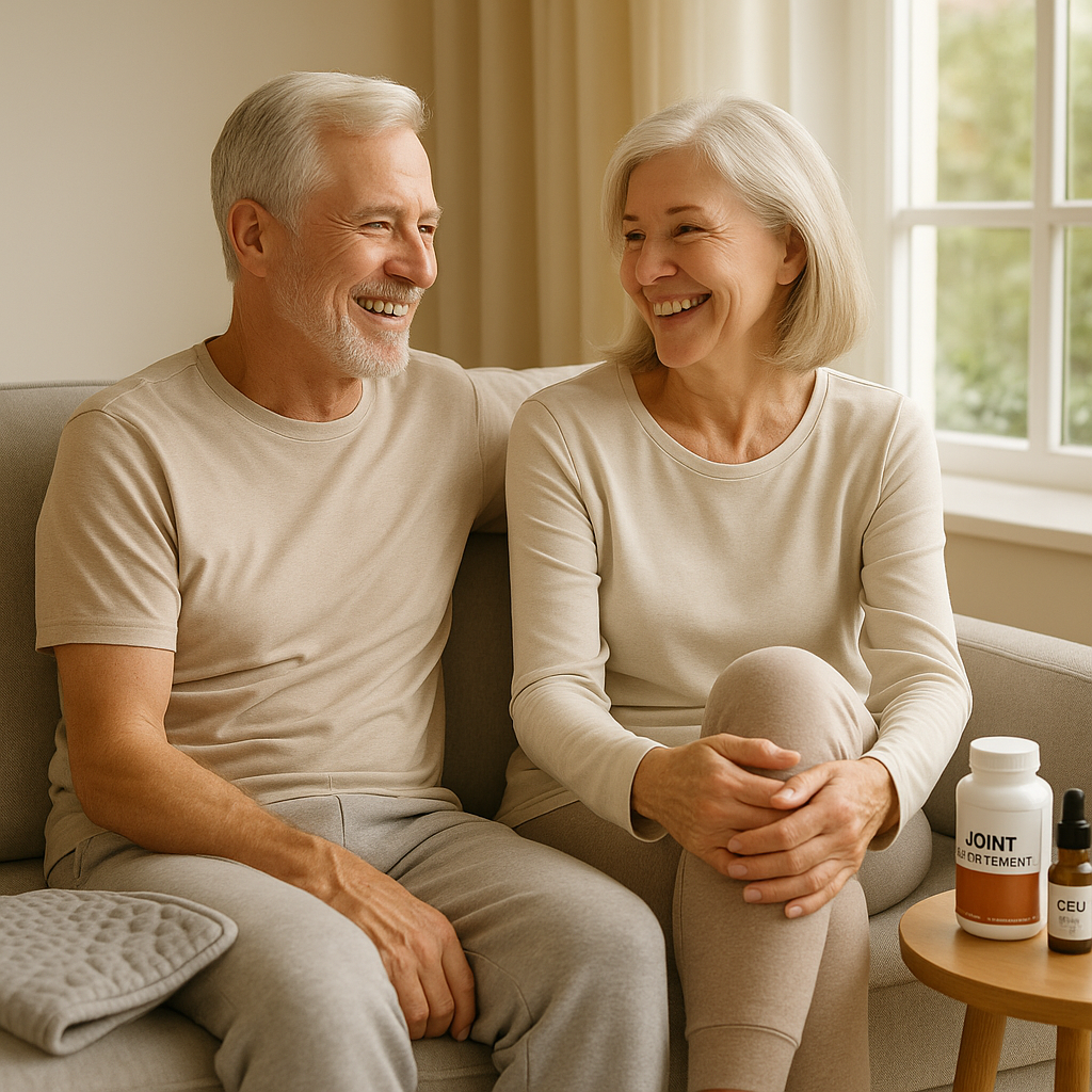 Older couple resting with joint care products on table post-walk