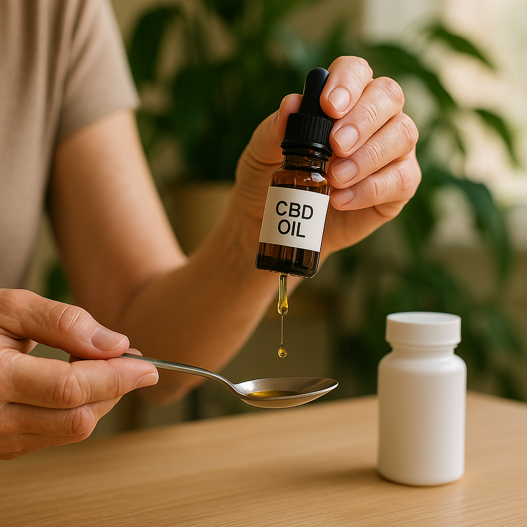 Middle-aged woman preparing CBD oil with natural background and pain medication
