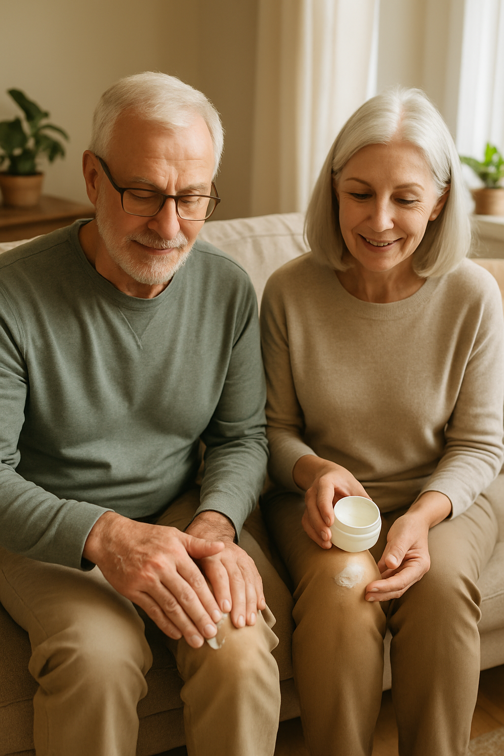 Senior couple applying CBD cream to knees in a bright, cozy living room