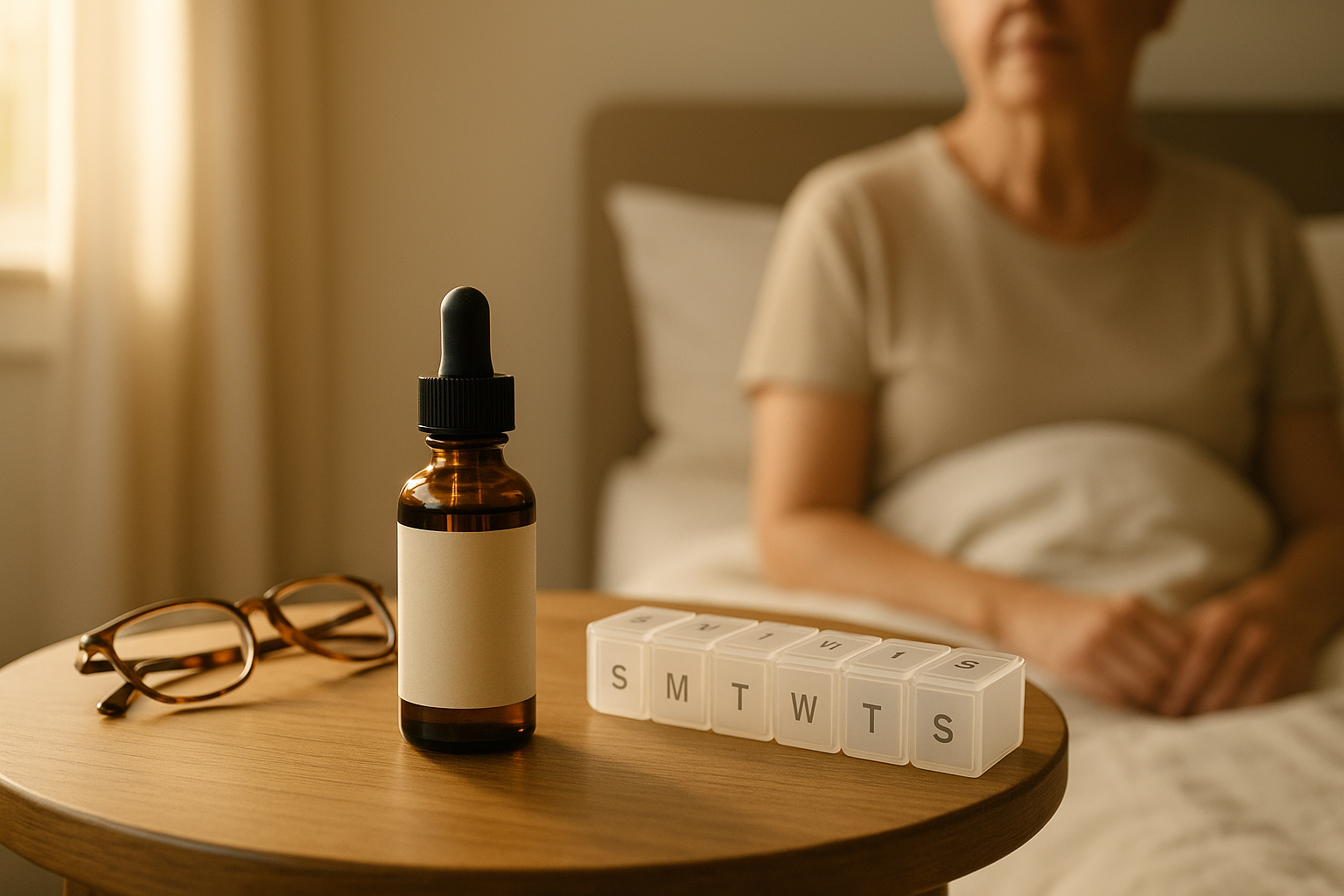 Bedside table with CBD oil, pill organizer, and glasses in soft morning light