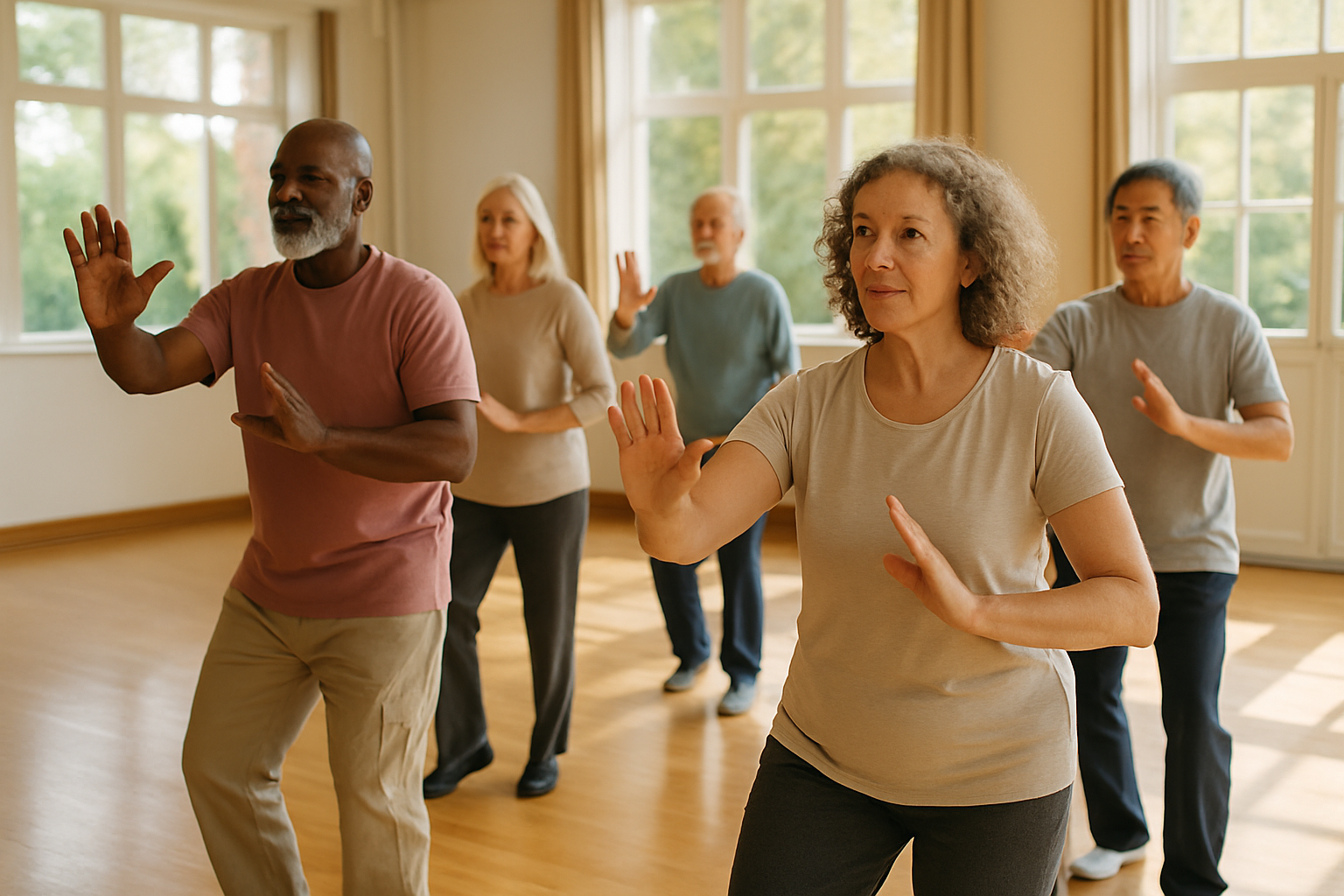 Seniors practicing tai chi indoors for arthritis and balance.