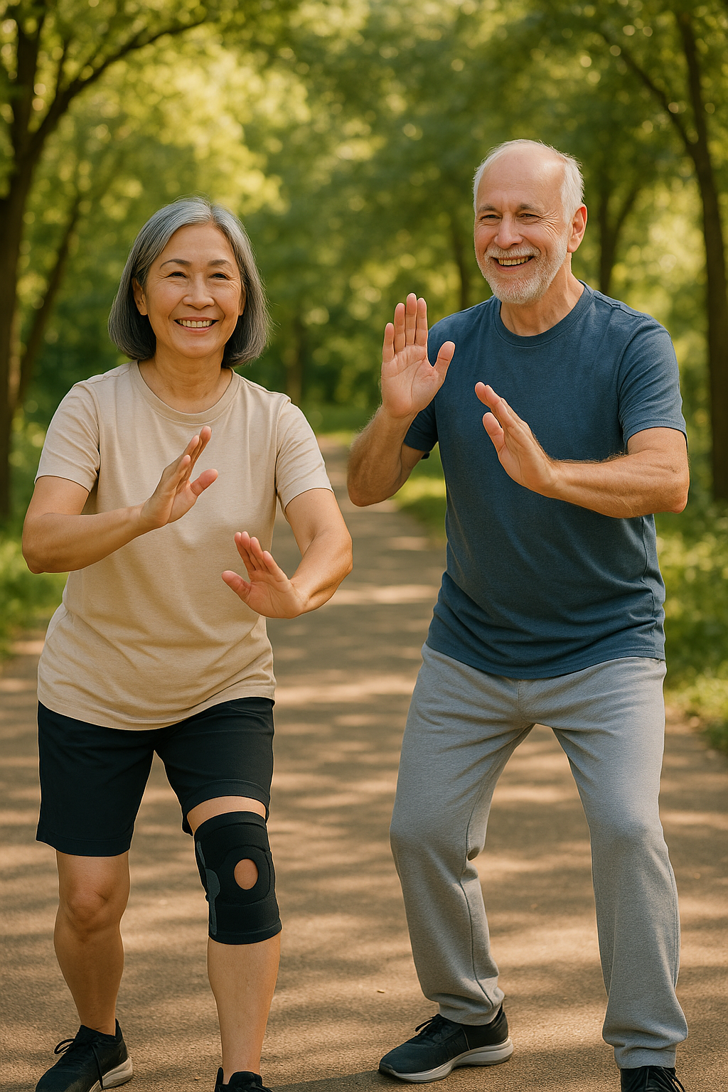 Older adults doing tai chi outside, one with knee brace, maintaining balance.