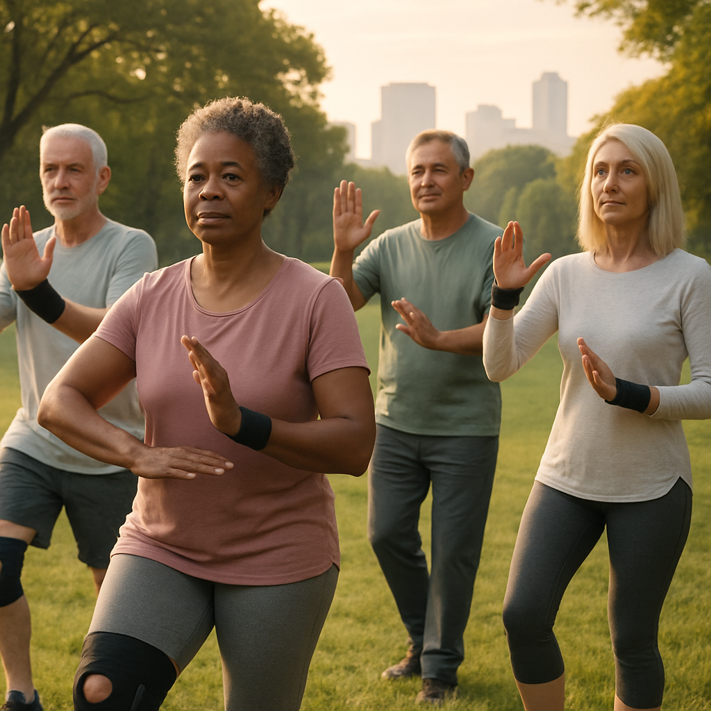 Seniors practicing tai chi outdoors with joint supports in a sunlit park.