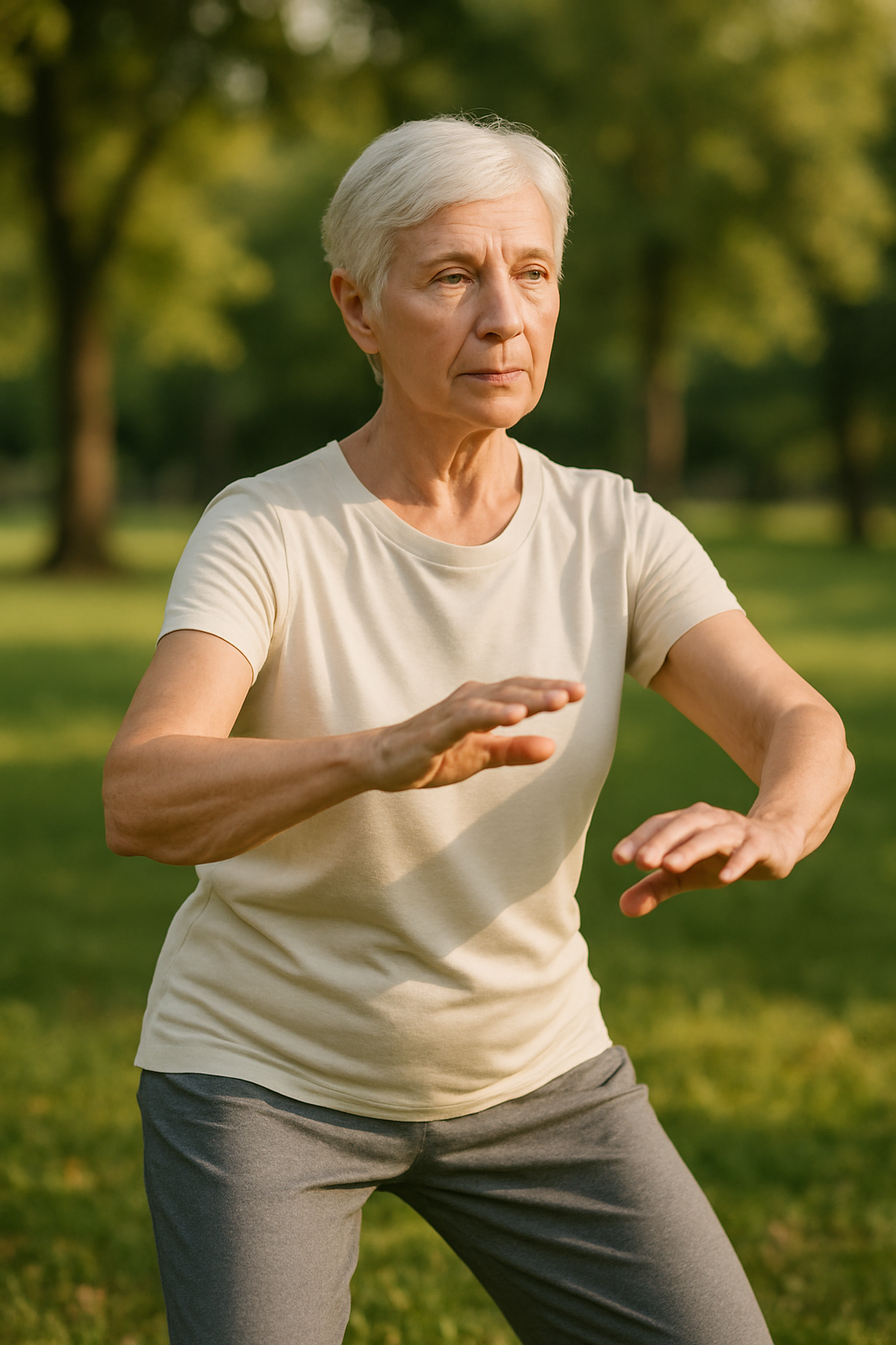 Close-up of elderly woman's hands and knees performing gentle tai chi movement.