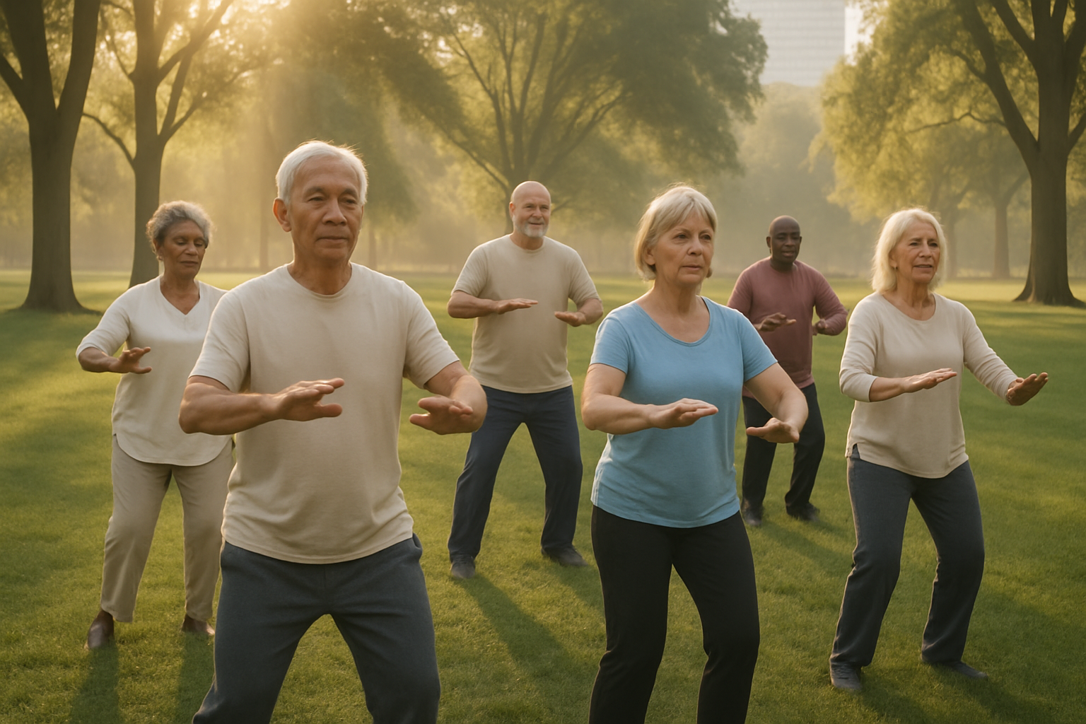 Older adults practicing tai chi together in a sunlit city park