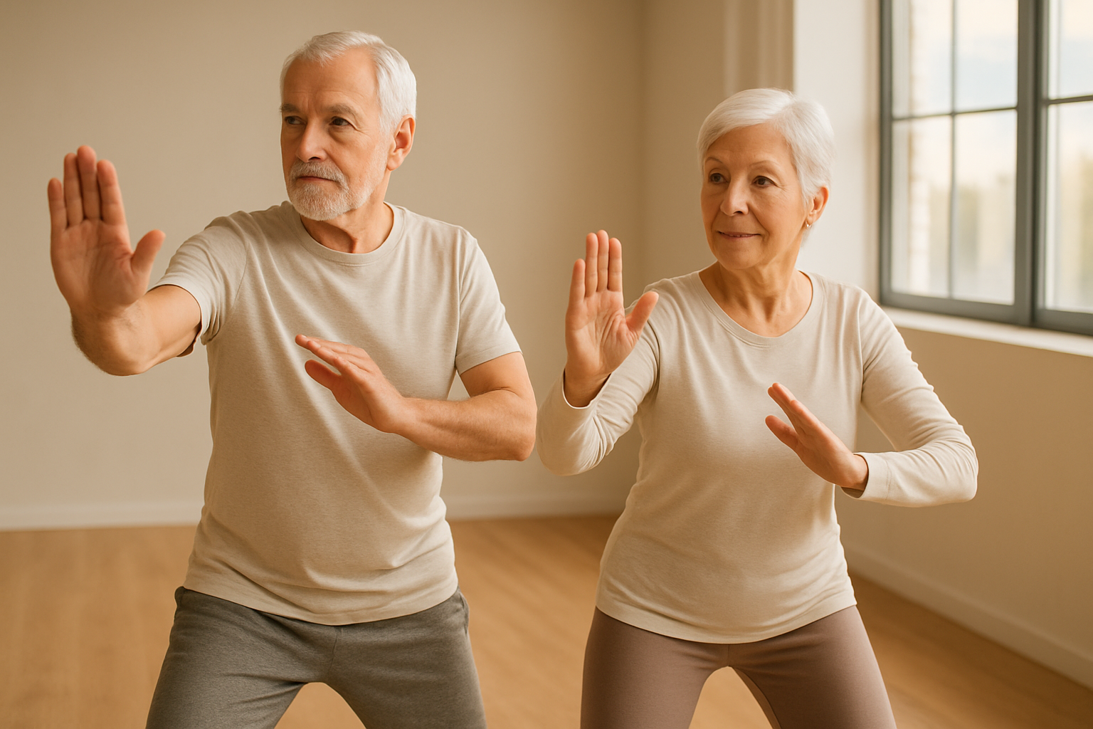 Senior man and woman practicing tai chi indoors with focused expressions