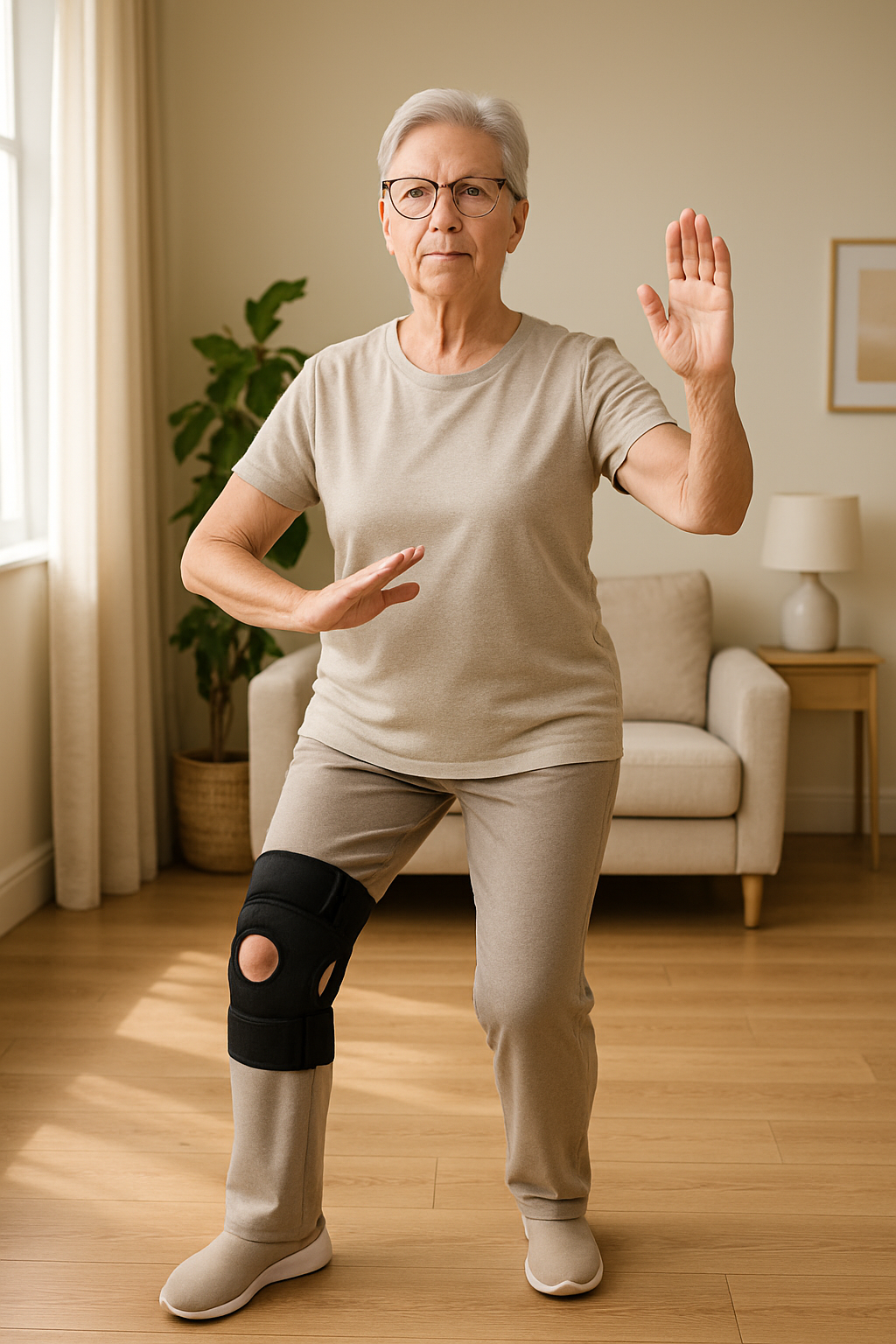 Older adult practicing tai chi at home wearing a knee brace
