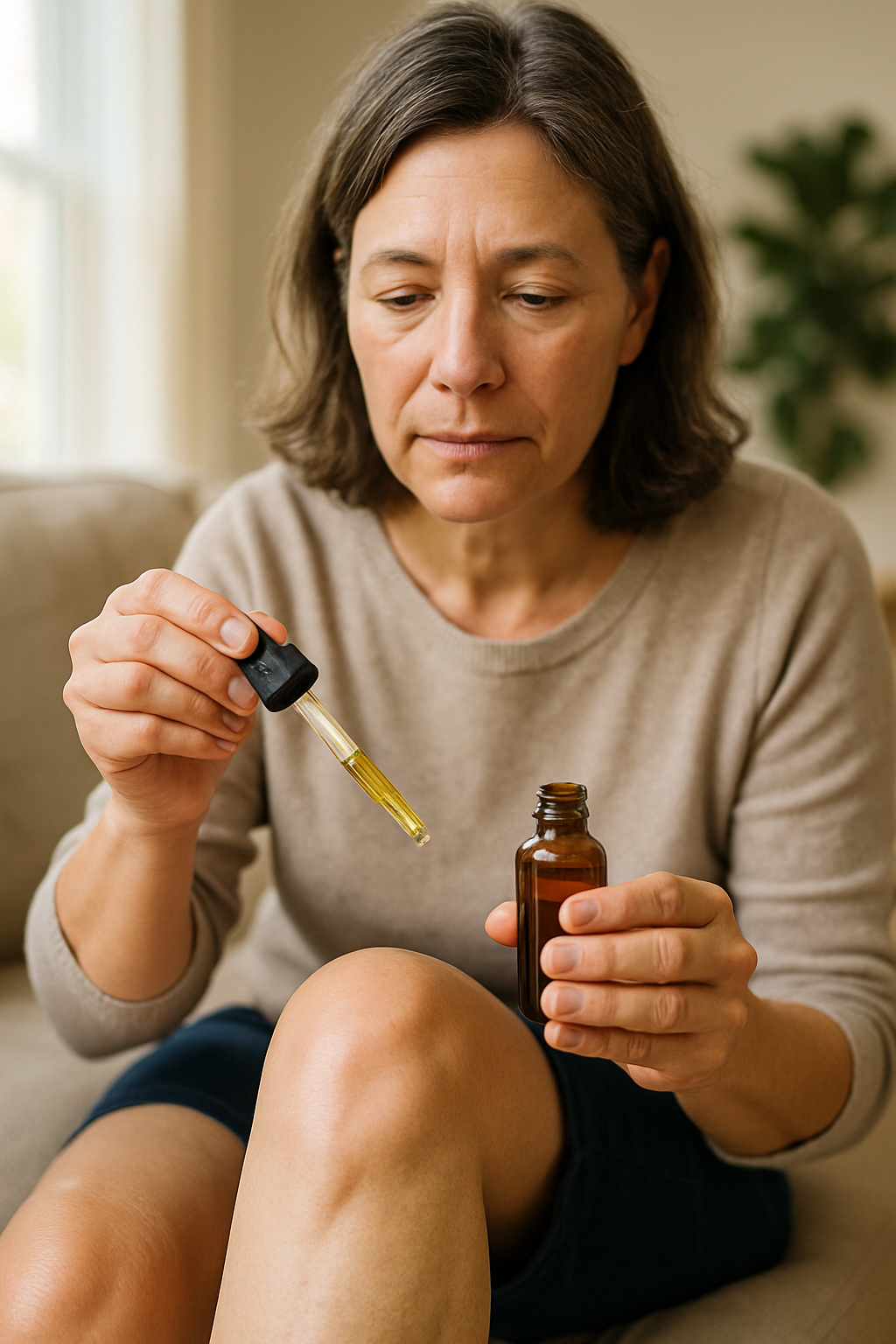 Applying CBD oil from dropper to swollen arthritic knee