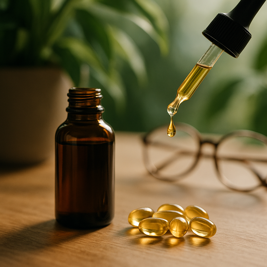 CBD oil bottle, dropper, capsules with greenery and reading glasses