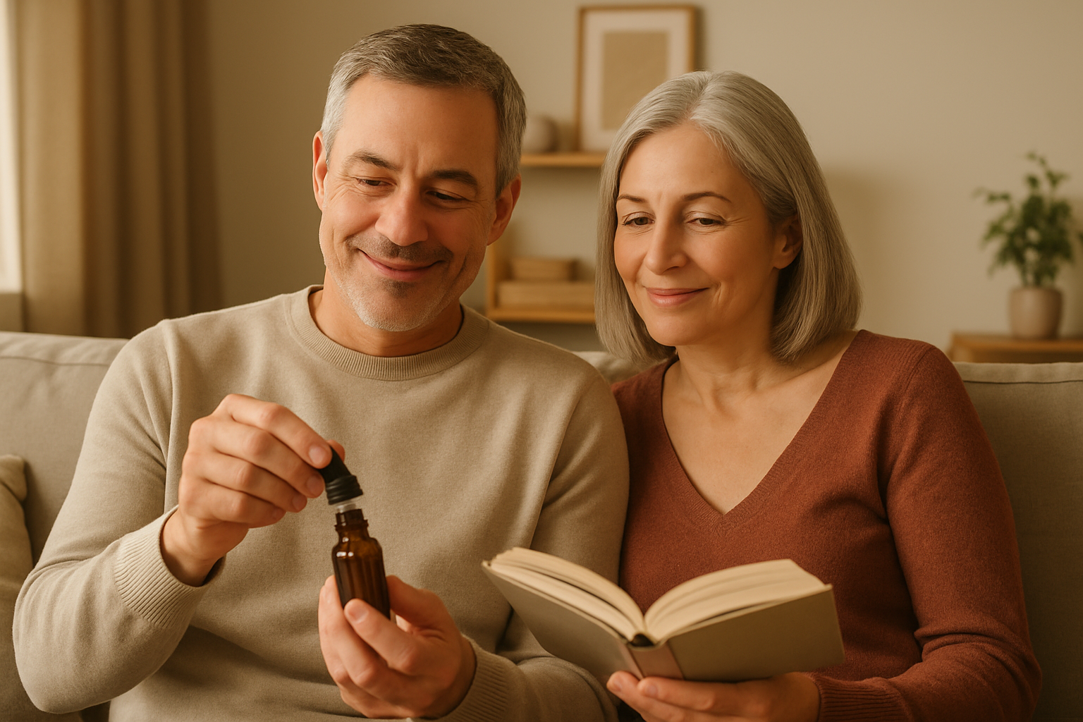 Middle-aged couple relaxing with CBD oil for joint pain relief
