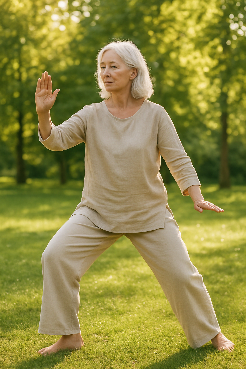 Senior woman practicing tai chi for arthritis in a sunny park