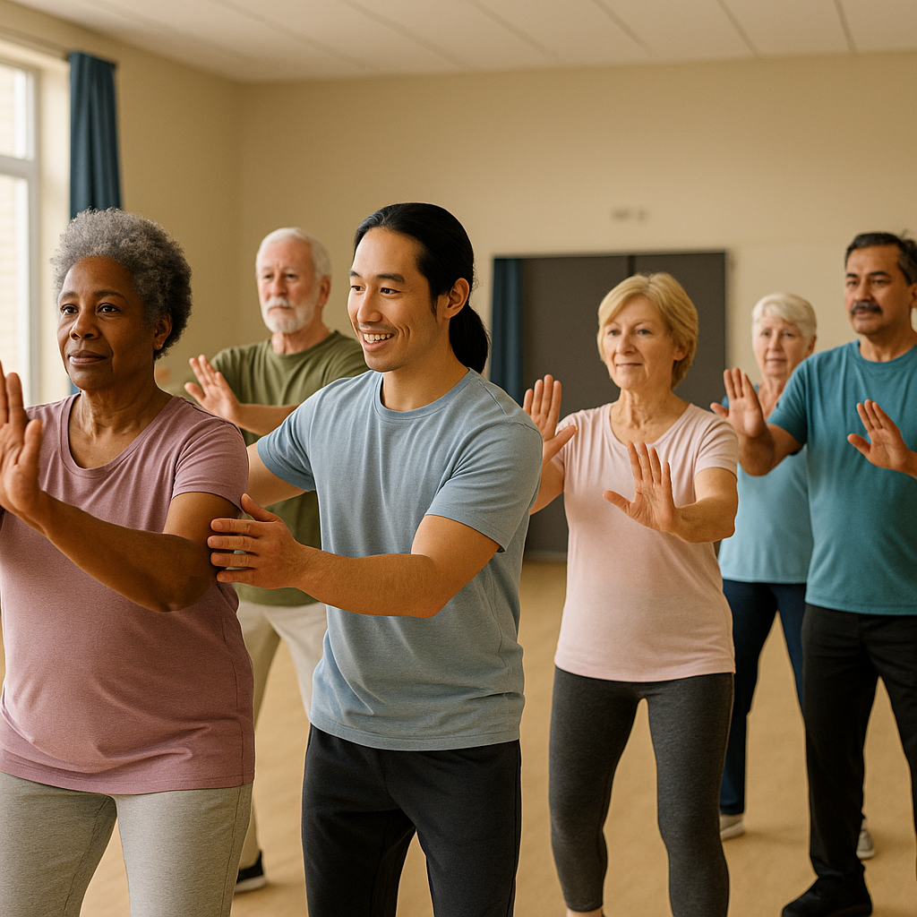 Tai chi class for arthritis and balance, seniors and instructor in community center