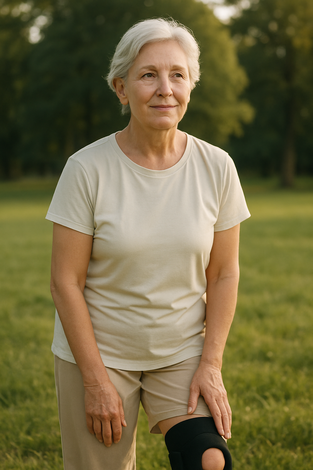 Senior woman's hands and knee with brace after tai chi for arthritis